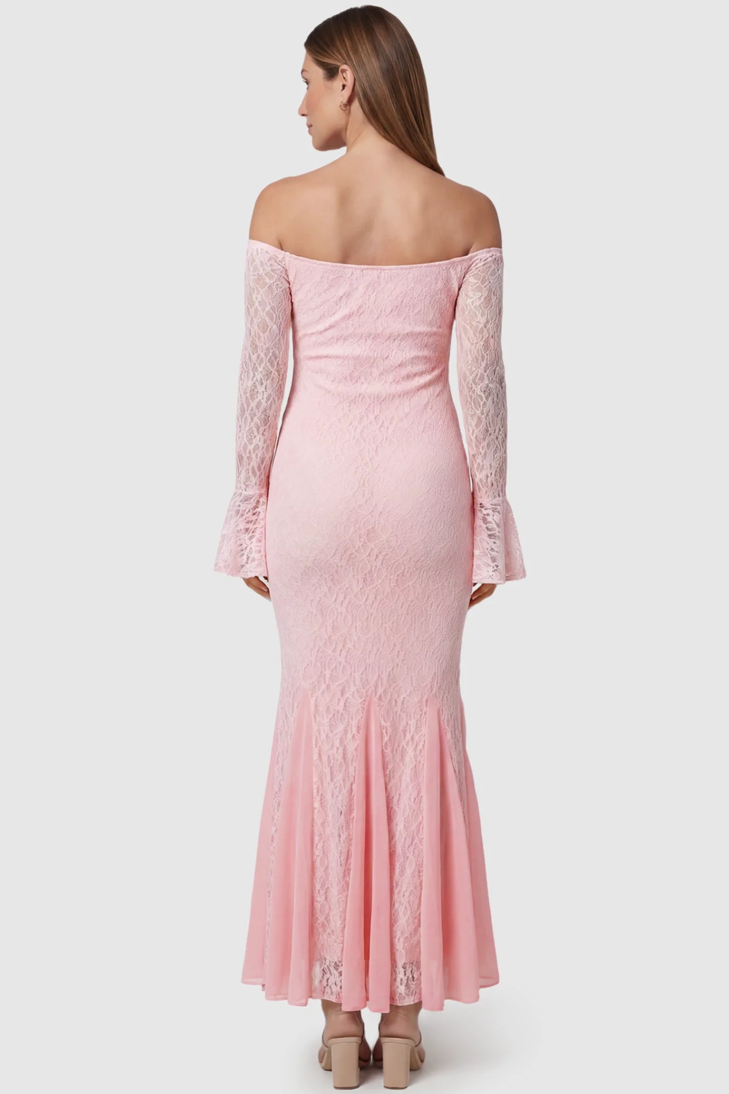 Lace Off Shoulder Mermaid Maternity Gown Lace Off Shoulder Mermaid Maternity Gown in pink lace featuring a sweetheart neckline, long sleeves, and a fitted mermaid silhouette on a pregnant model back view.