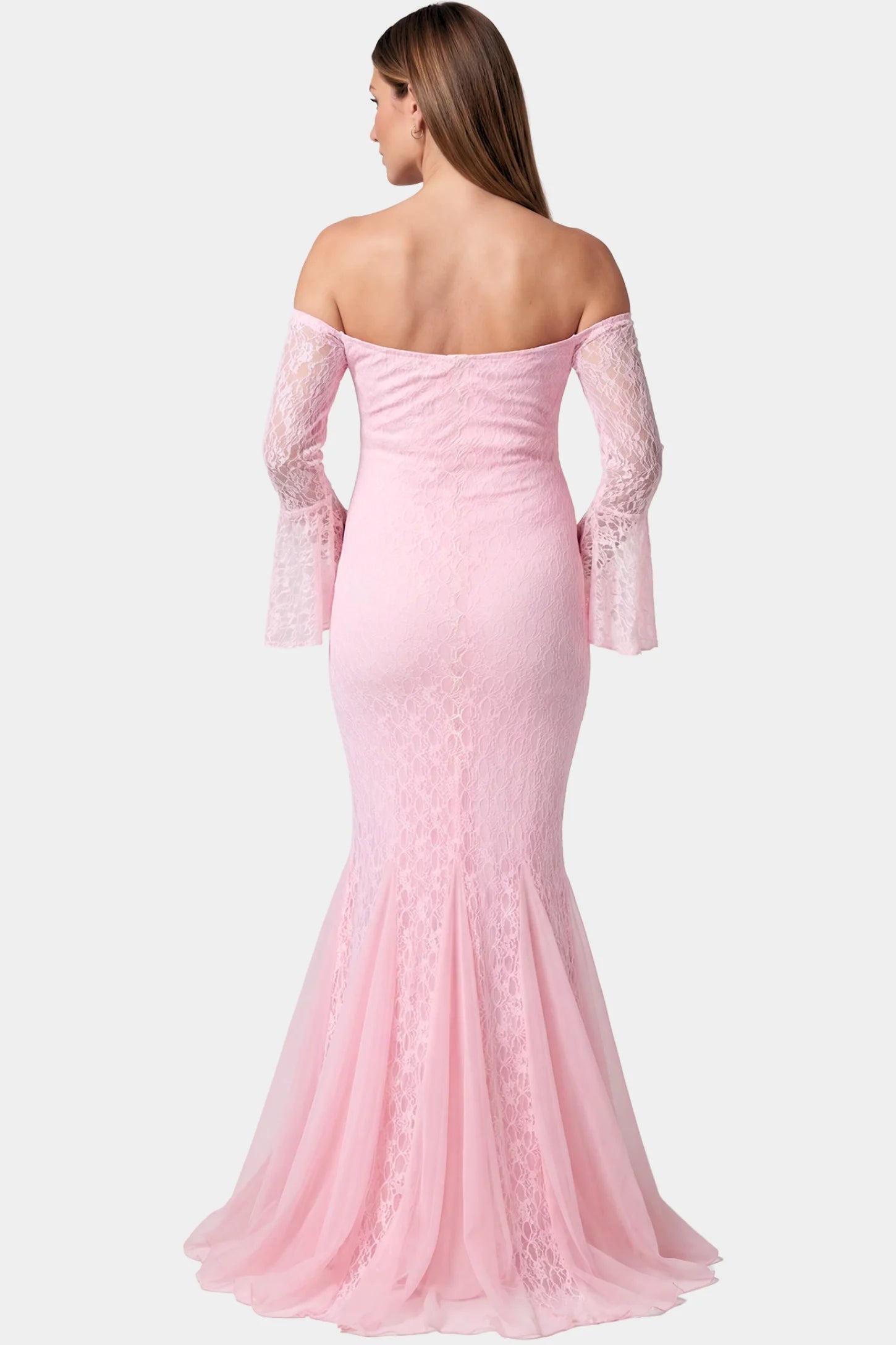 Lace Off Shoulder Mermaid Maternity Gown Lace Off Shoulder Mermaid Maternity Gown in pink lace featuring a sweetheart neckline, long sleeves, and a fitted mermaid silhouette on a pregnant model.