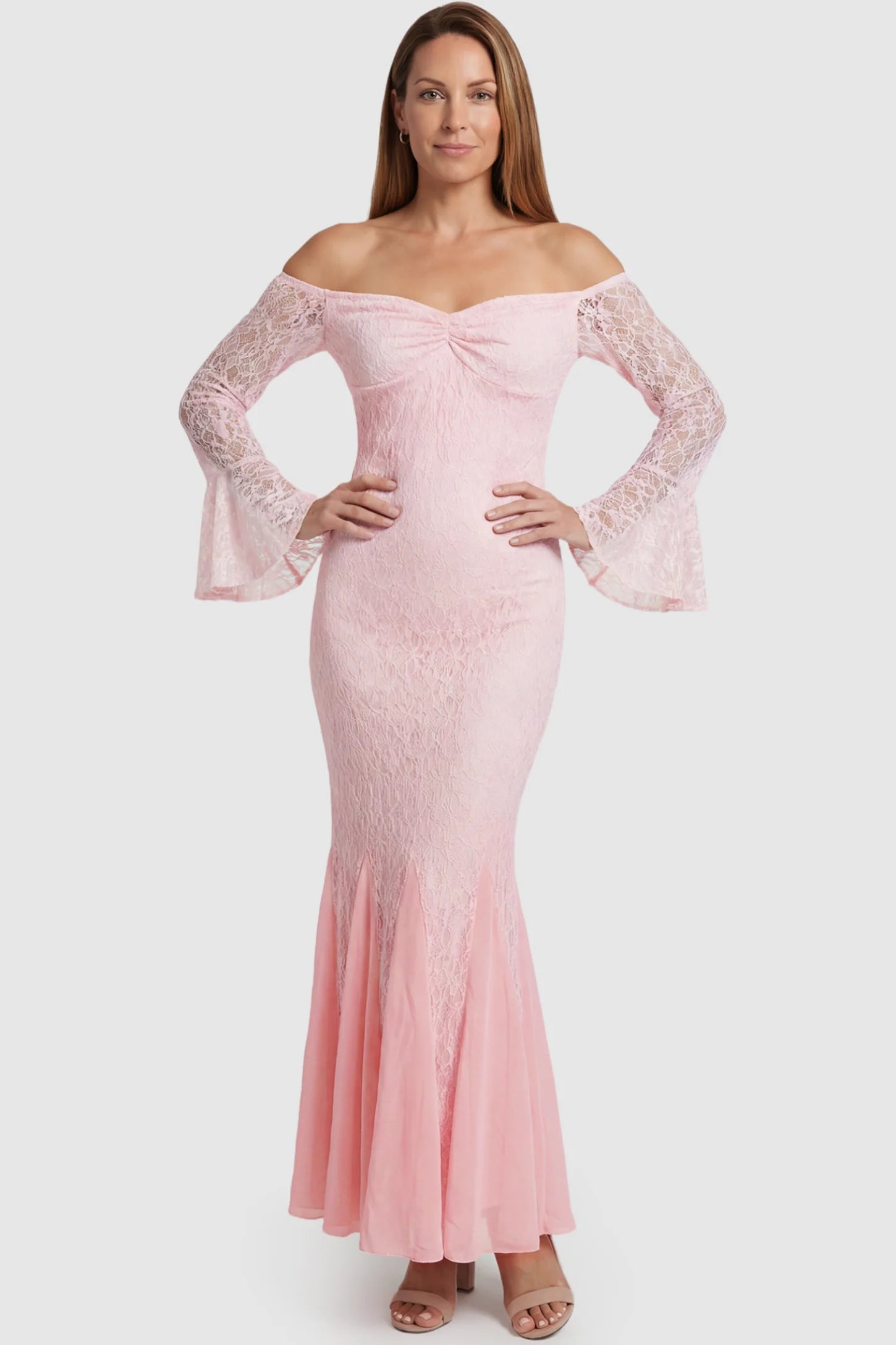 Lace Off Shoulder Mermaid Maternity Gown Lace Off Shoulder Mermaid Maternity Gown in pink lace featuring a sweetheart neckline, long sleeves, and a fitted mermaid silhouette on a postpartum model front view.