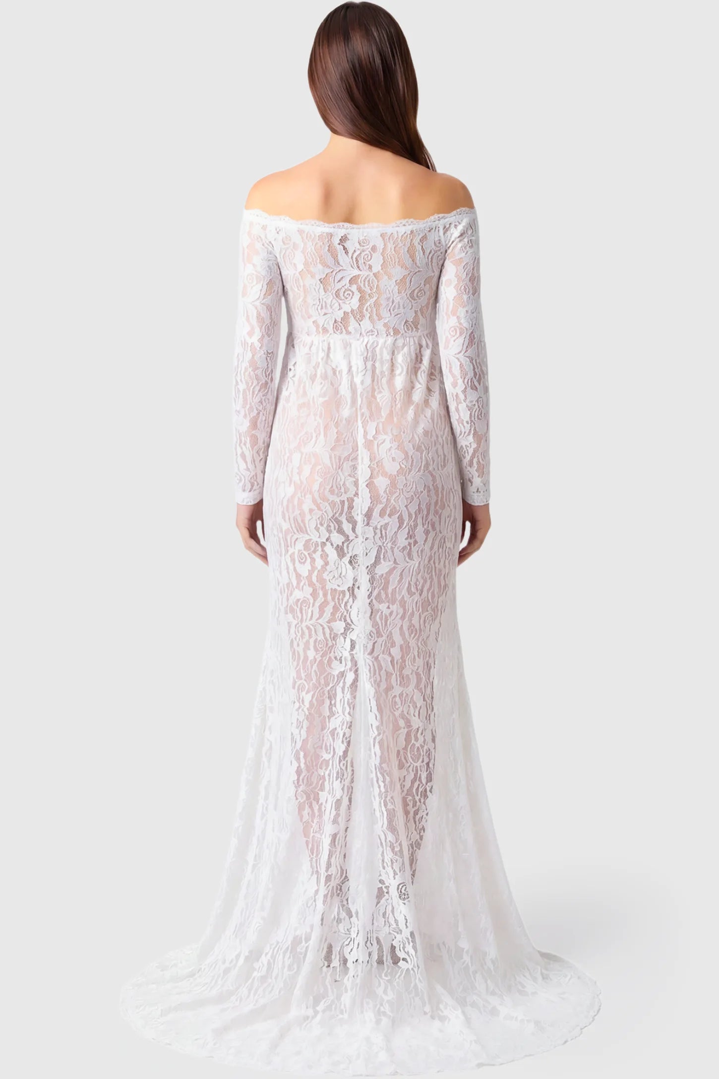 Lace Long Sleeve Maternity Gown Lace Long Sleeve Maternity Gown in white featuring off-shoulder scalloped lace trim neckline and sweep train on pregnant model.