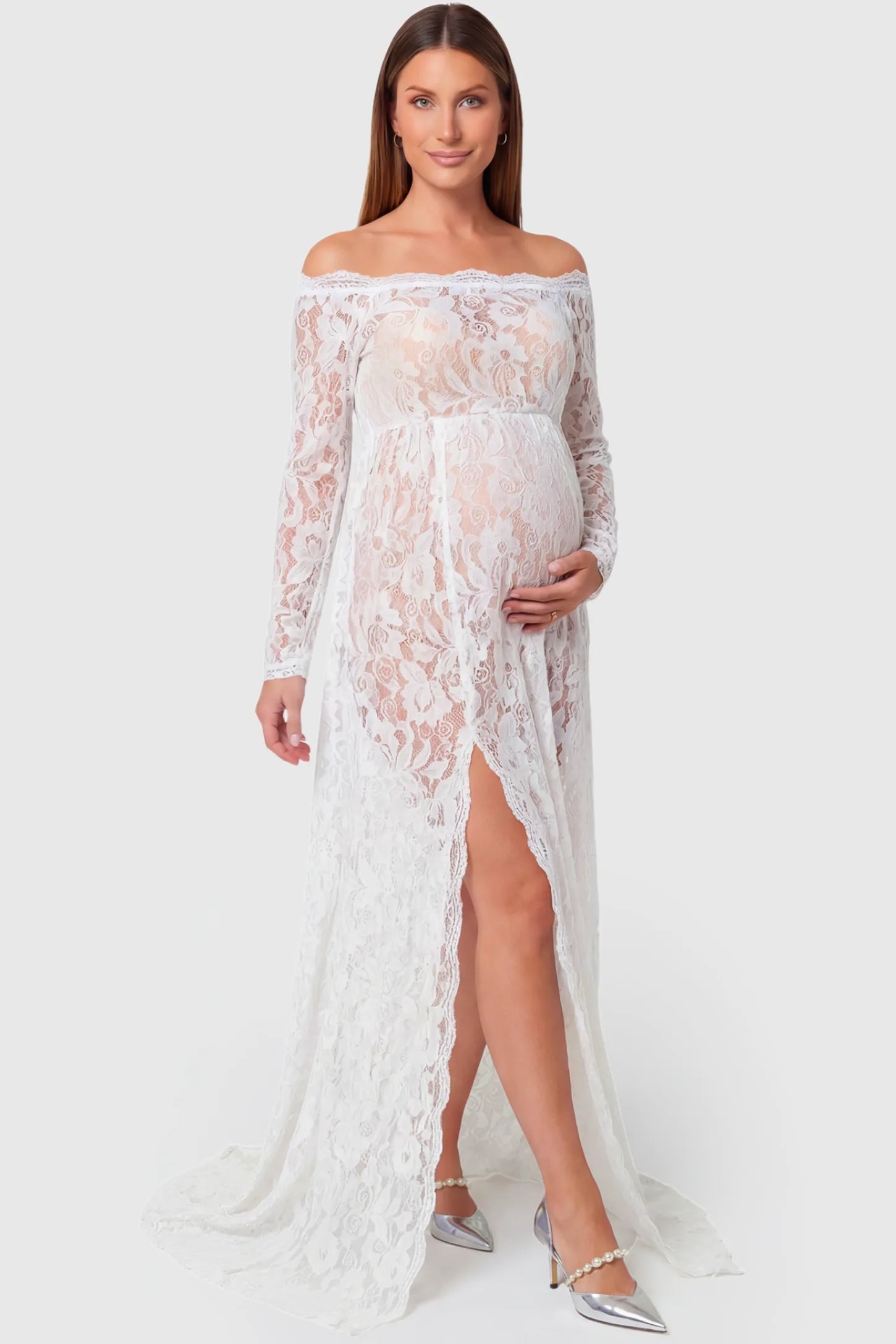 Lace Long Sleeve Maternity Gown Lace Long Sleeve Maternity Gown in white featuring off-shoulder scalloped lace trim neckline and sweep train on pregnant model.