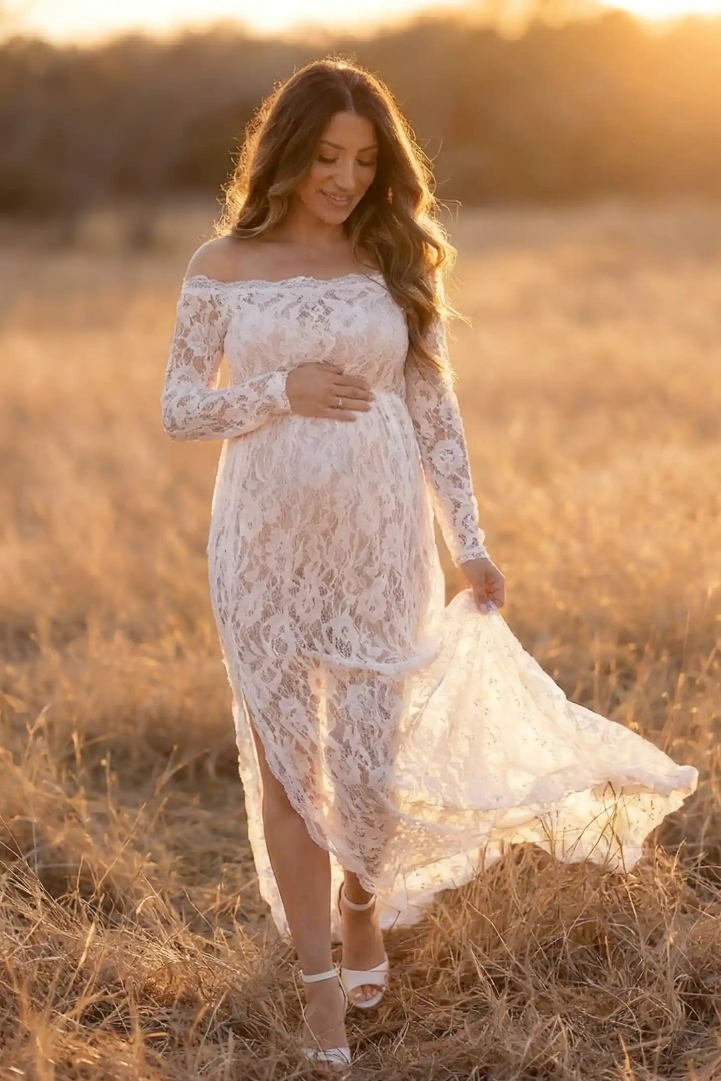 Lace Long Sleeve Maternity Photoshoot Gown Lace Long Sleeve Maternity Gown in white featuring off-shoulder scalloped lace trim neckline and sweep train on pregnant model.
