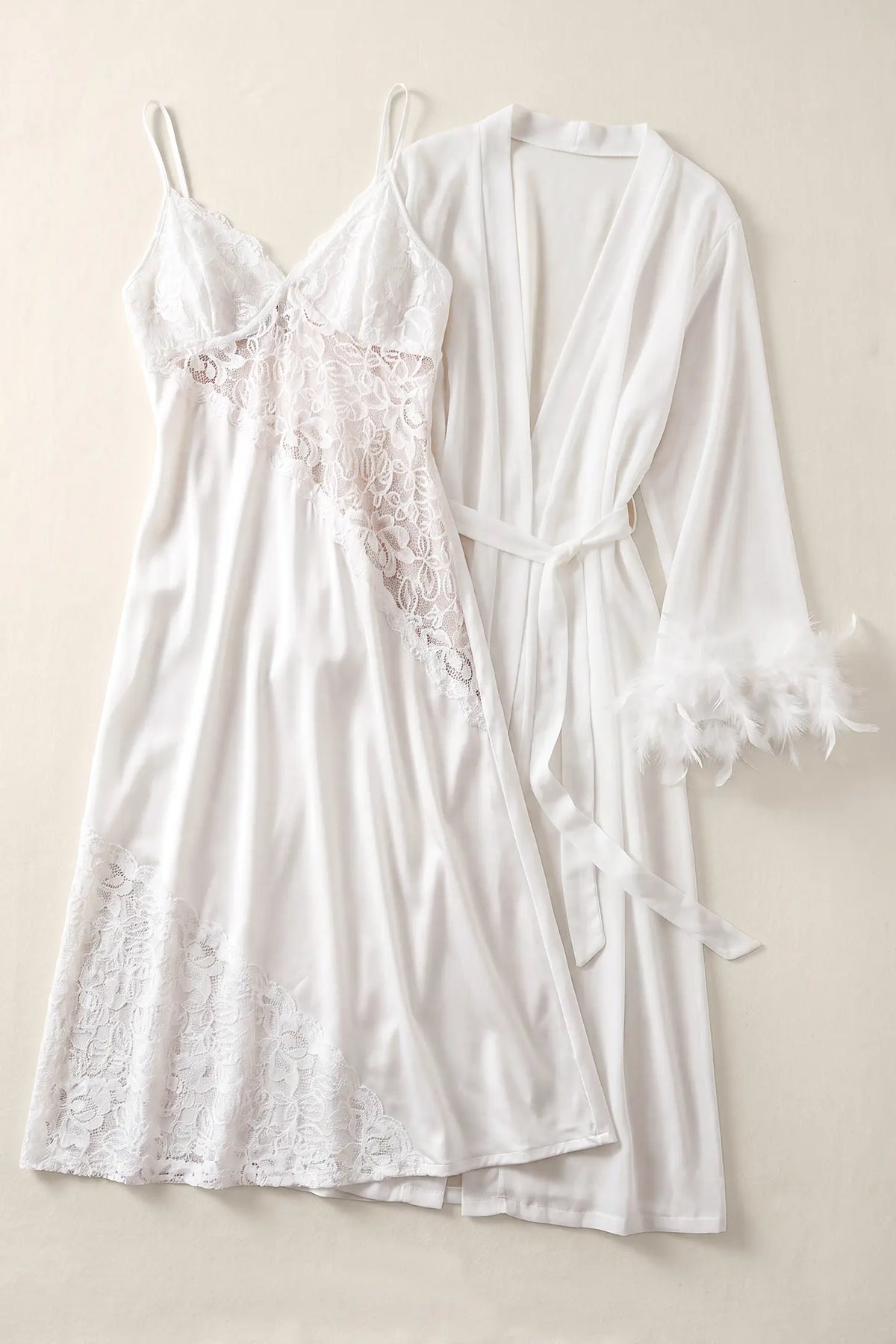 Lace Maternity Cami & Feather Robe Set Lace Maternity Cami & Feather Robe Set in White featuring flat lay view of the two-piece maternity sleepwear set with lace-trimmed cami nightdress and feather cuff mesh robe.