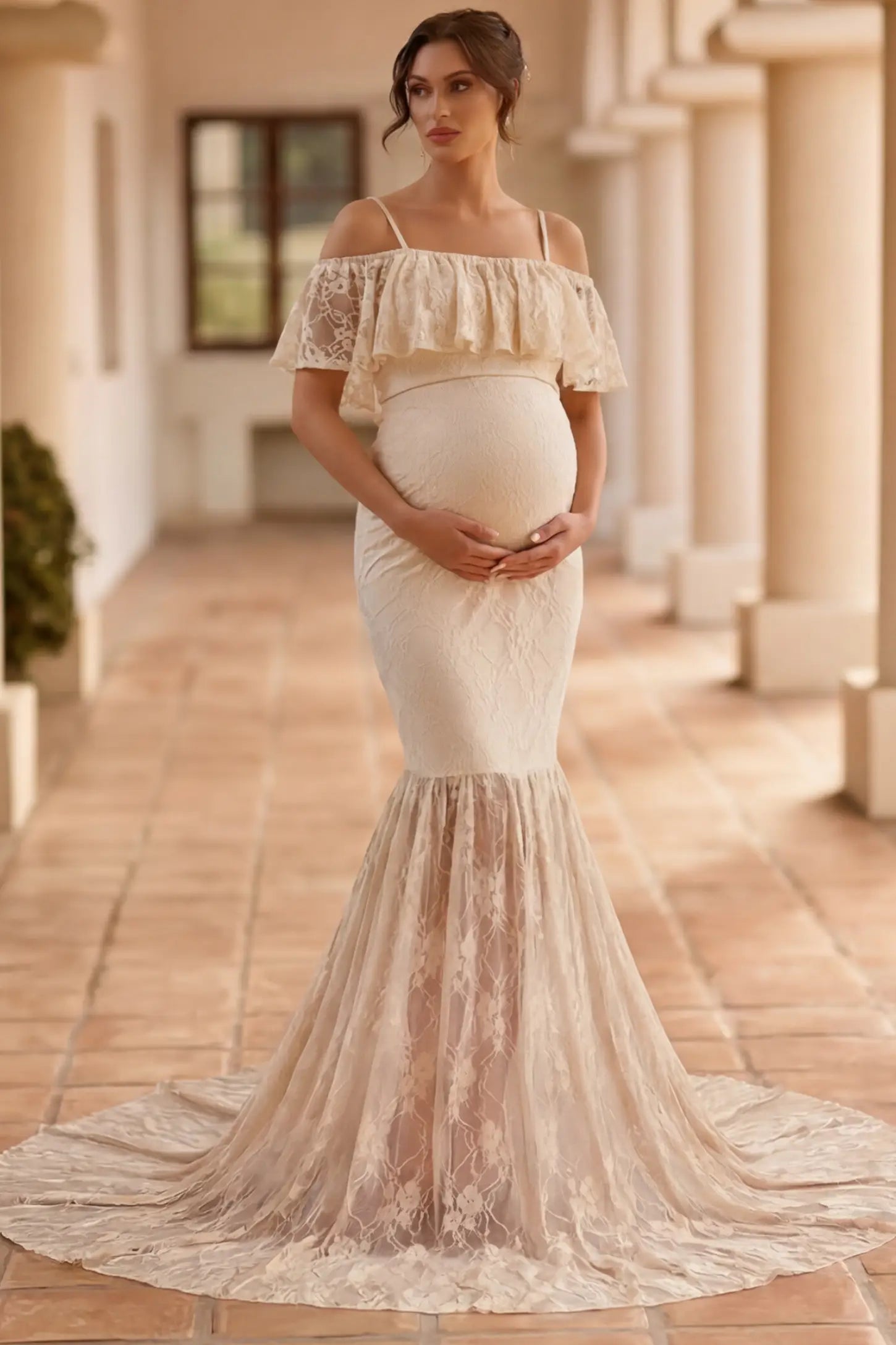 Lace Off-Shoulder Ruffle Short Sleeve Maternity Dress Lace off-shoulder maternity gown in apricot featuring ruffle neckline, mermaid silhouette, and extended lace train on pregnant model. 