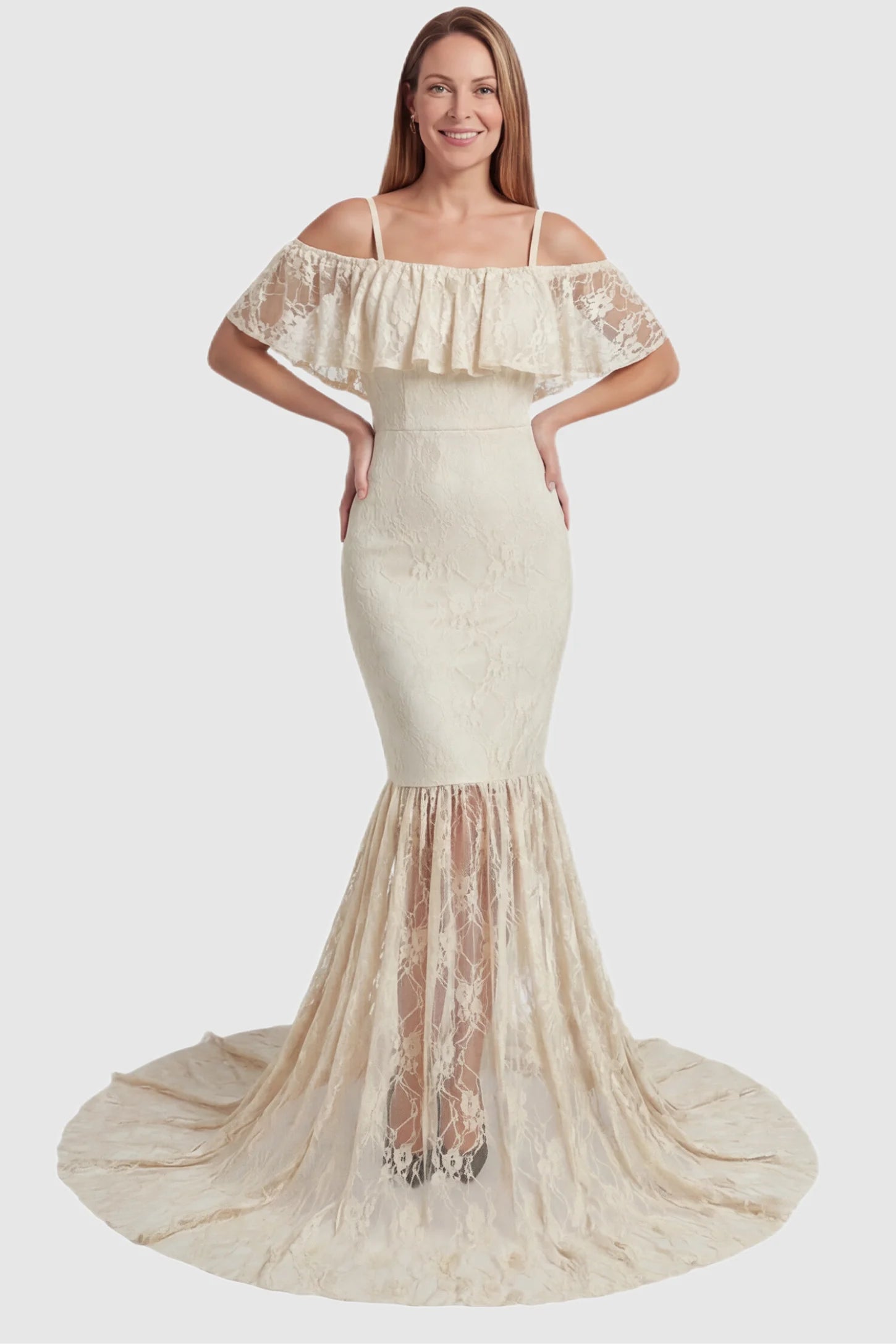 Lace Off-Shoulder Ruffle Short Sleeve Maternity Dress Lace off-shoulder maternity gown in apricot featuring ruffle neckline, mermaid silhouette, and extended lace train on non pregnant model. 