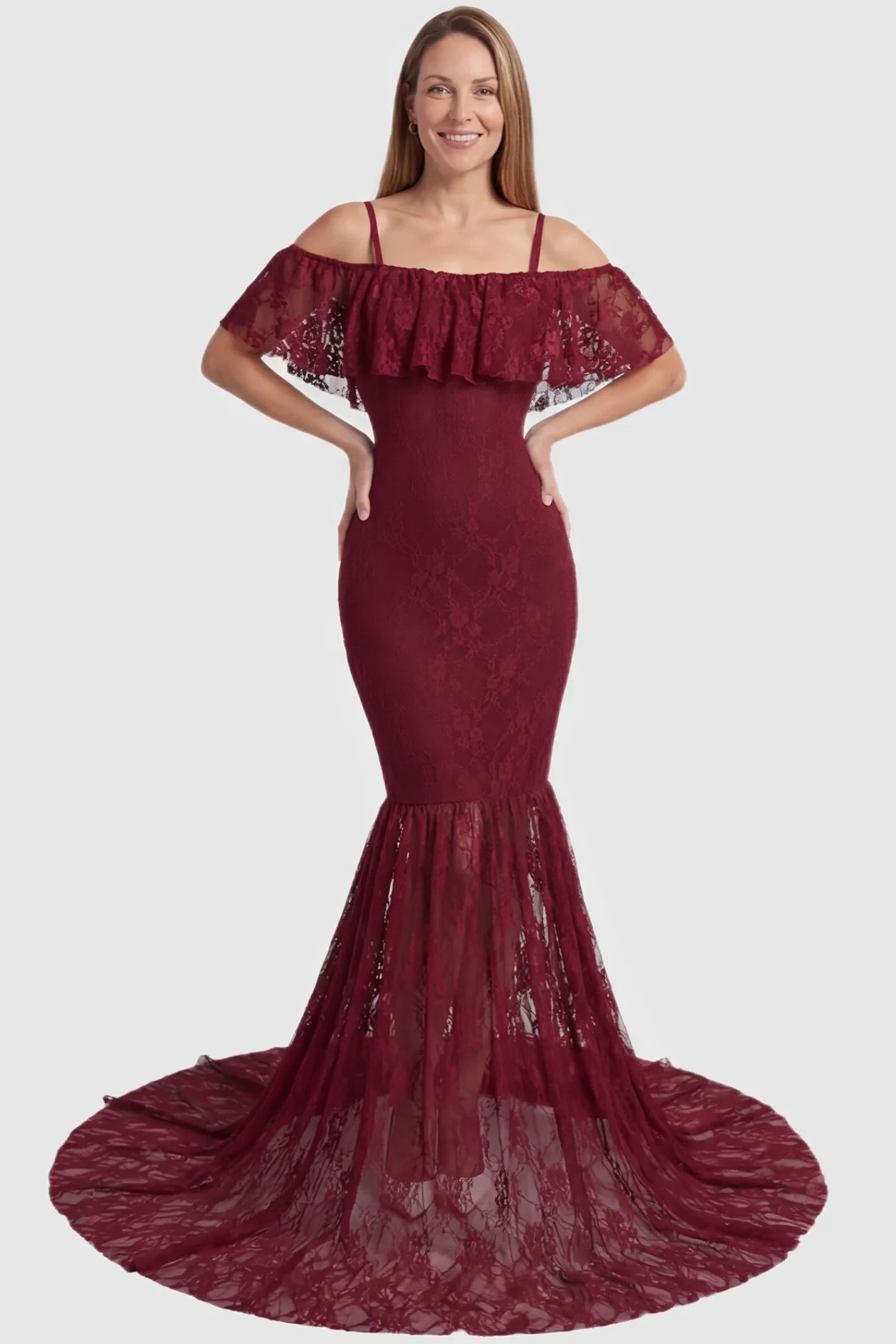 Lace Off-Shoulder Ruffle Short Sleeve Maternity Dress Lace off-shoulder maternity gown in burgundy featuring ruffle neckline, mermaid silhouette, and extended lace train on non pregnant model. 