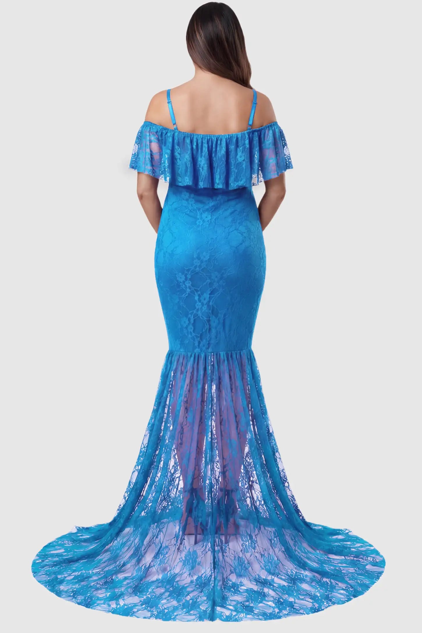 Lace Off-Shoulder Ruffle Short Sleeve Maternity Dress Lace off-shoulder maternity gown in lake blue featuring ruffle neckline, mermaid silhouette, and extended lace train on pregnant model. back view