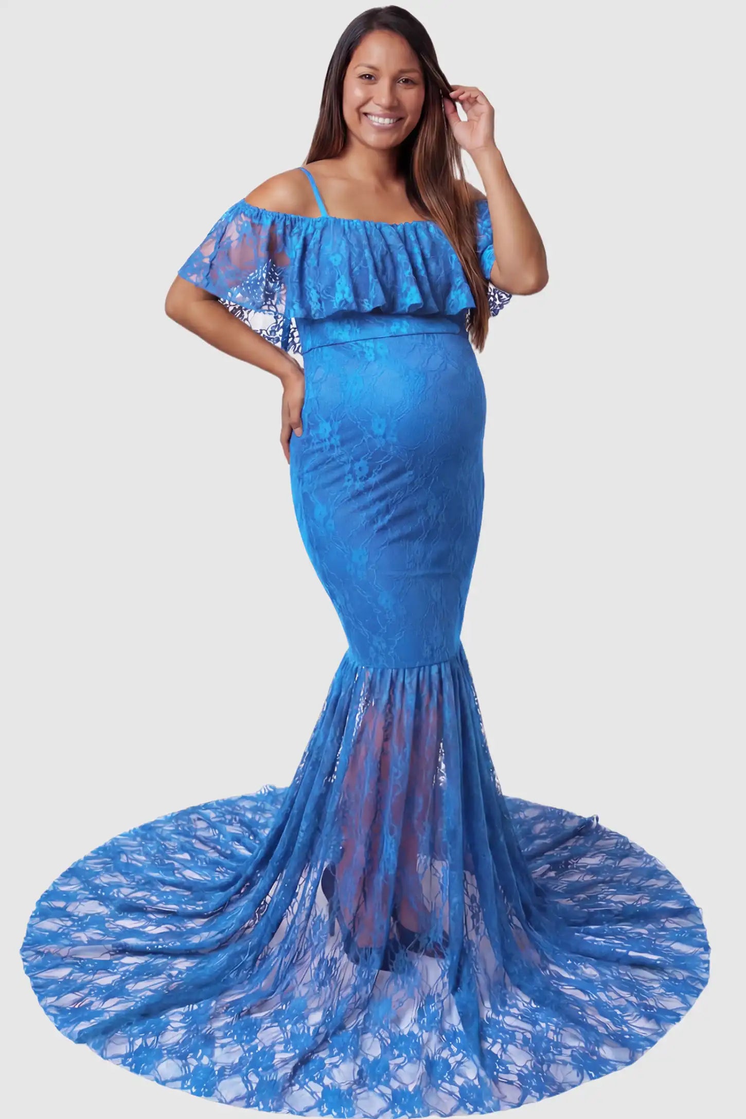 Lace Off-Shoulder Ruffle Short Sleeve Maternity Dress Lace off-shoulder maternity gown in lake blue featuring ruffle neckline, mermaid silhouette, and extended lace train on pregnant model. front view