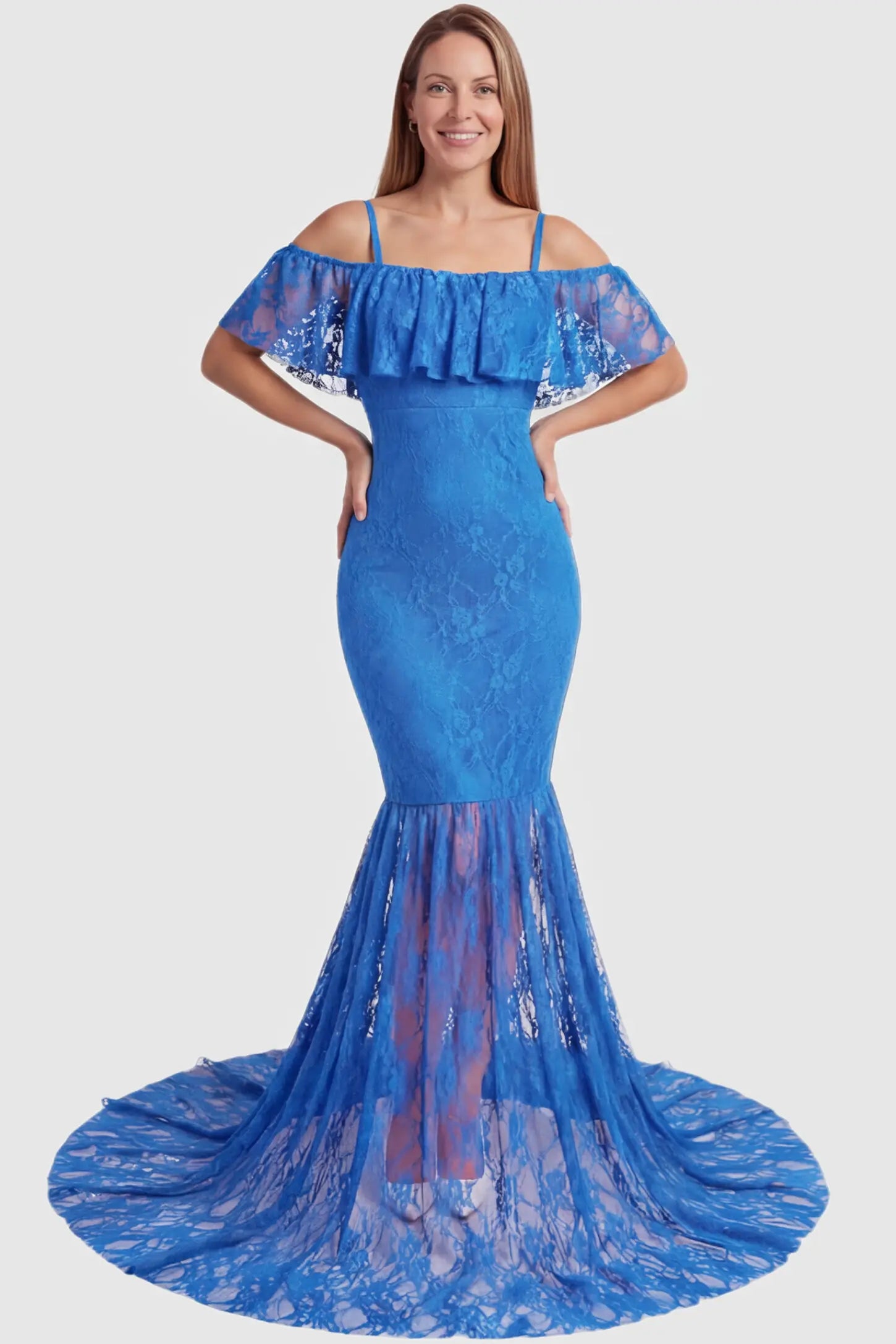 Lace Off-Shoulder Ruffle Short Sleeve Maternity Dress Lace off-shoulder maternity gown in lake blue featuring ruffle neckline, mermaid silhouette, and extended lace train on non pregnant model. 