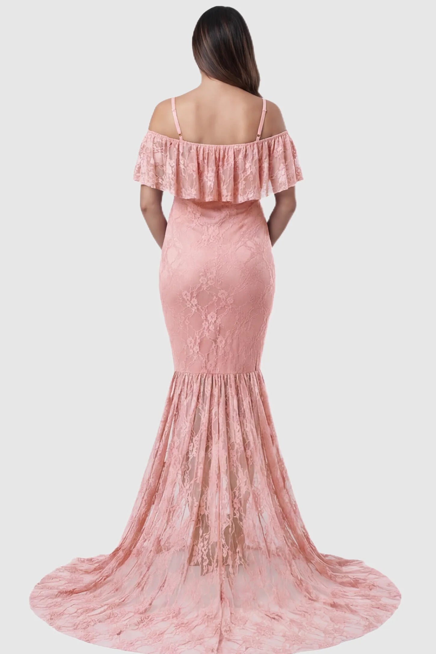 Lace Off-Shoulder Ruffle Short Sleeve Maternity Dress Lace off-shoulder maternity gown in pink featuring ruffle neckline, mermaid silhouette, and extended lace train on pregnant model. back view