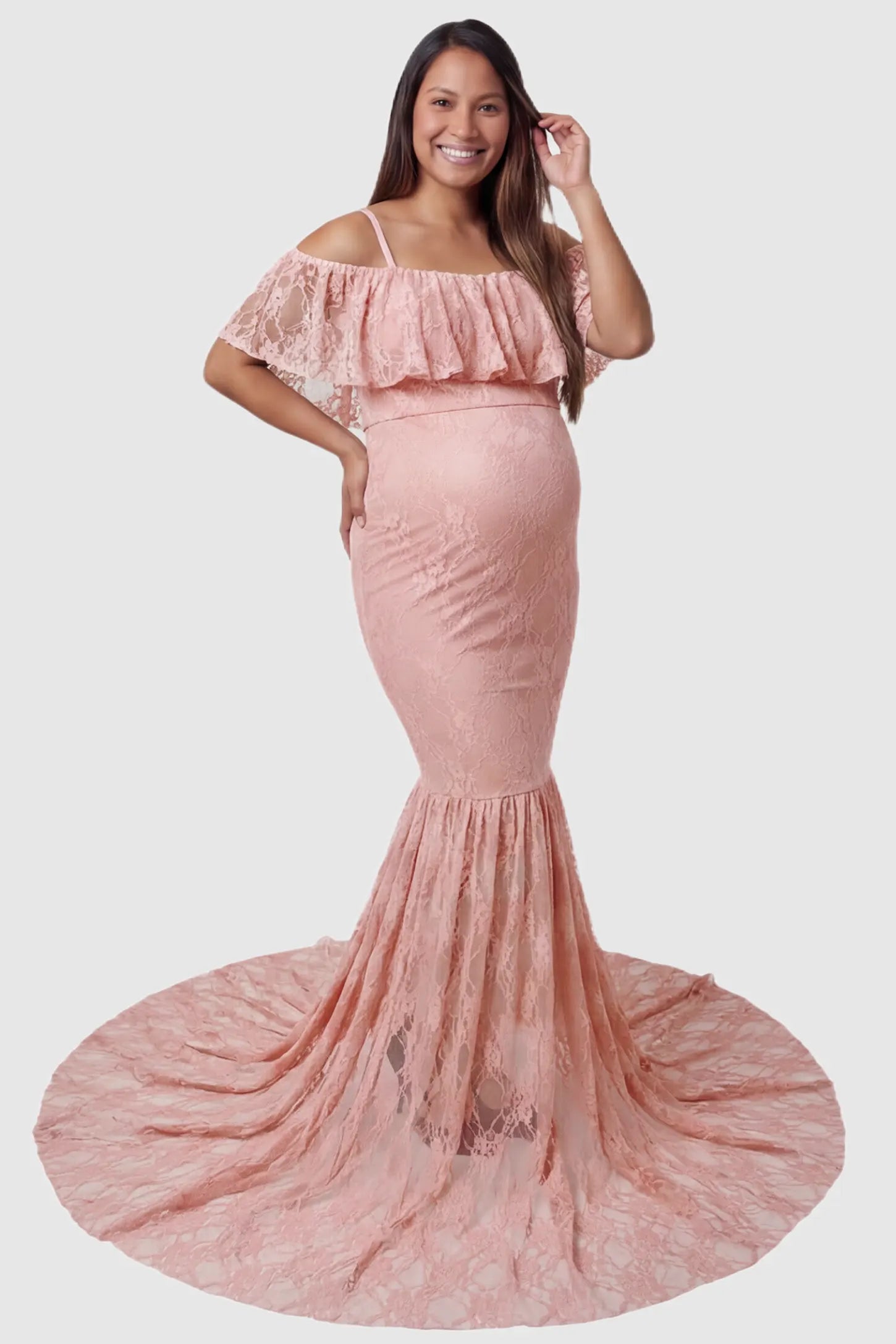 Lace Off-Shoulder Ruffle Short Sleeve Maternity Dress Lace off-shoulder maternity gown in pink featuring ruffle neckline, mermaid silhouette, and extended lace train on pregnant model. front view