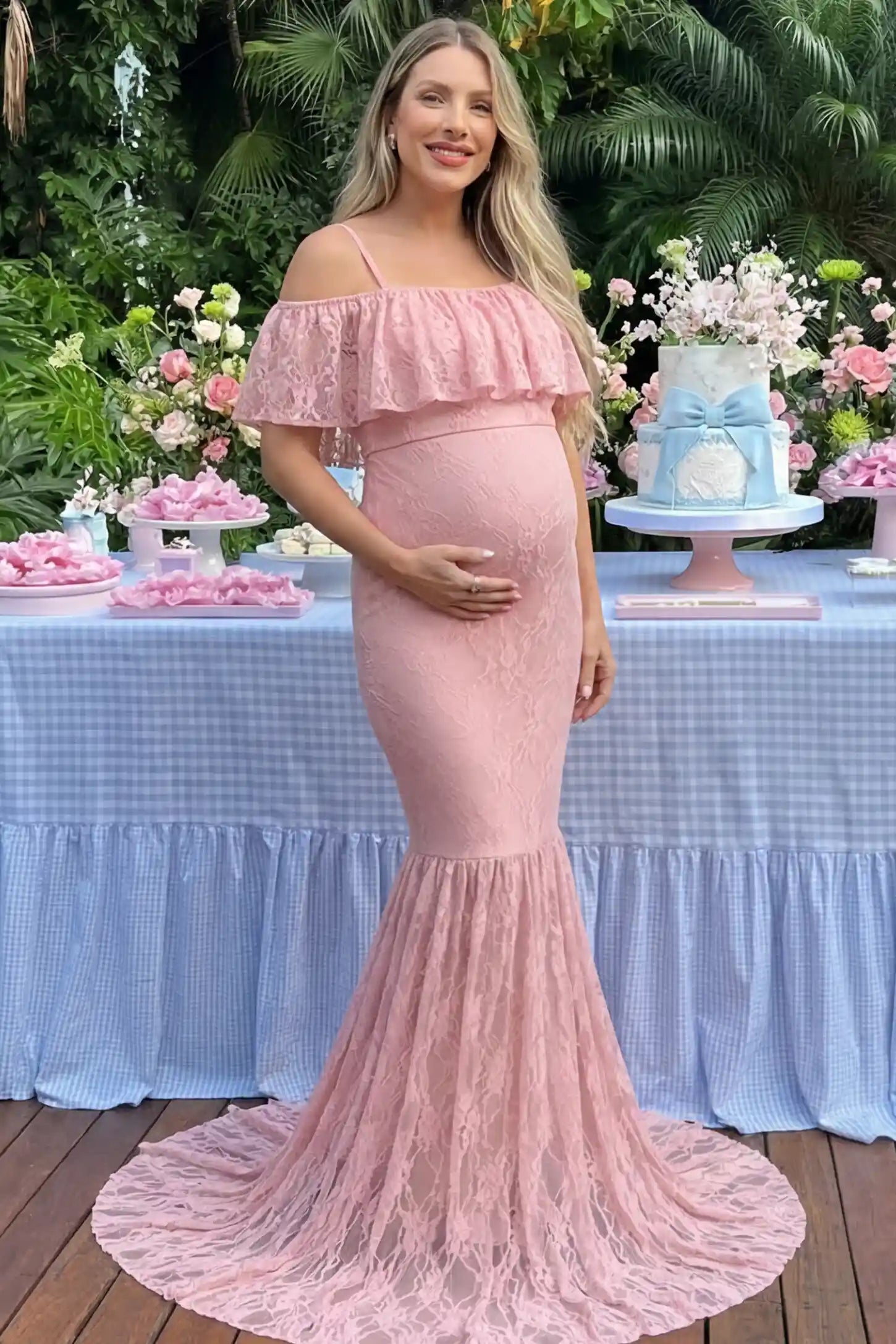 Lace Off-Shoulder Ruffle Short Sleeve Maternity Dress Lace off-shoulder maternity gown in pink featuring ruffle neckline, mermaid silhouette, and extended lace train on pregnant model. 