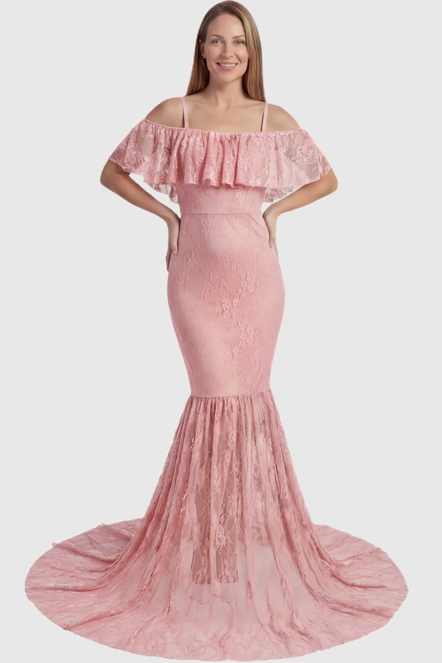 Lace Off-Shoulder Ruffle Short Sleeve Maternity Dress Lace off-shoulder maternity gown in pink featuring ruffle neckline, mermaid silhouette, and extended lace train on non pregnant model. 