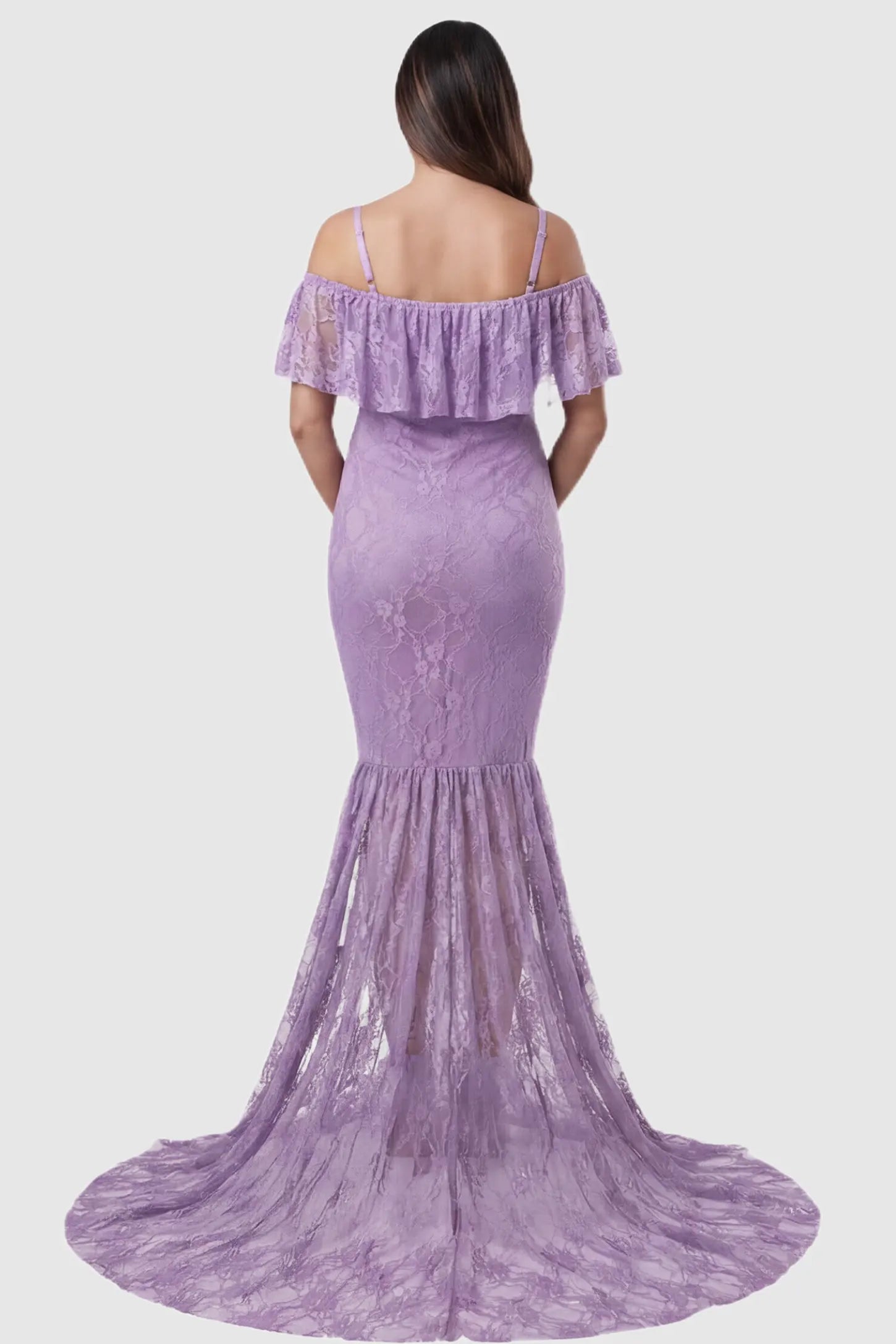Lace Off-Shoulder Ruffle Short Sleeve Maternity Dress Lace off-shoulder maternity gown in purple featuring ruffle neckline, mermaid silhouette, and extended lace train on pregnant model. back view