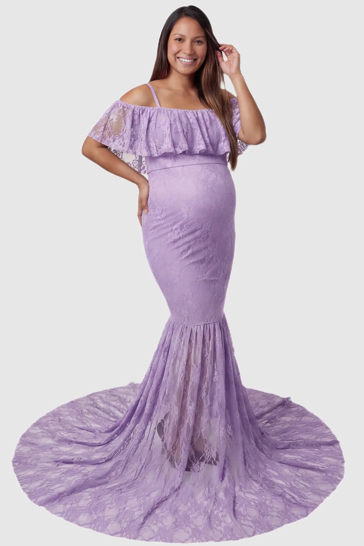 Lace Off-Shoulder Ruffle Short Sleeve Maternity Dress Lace off-shoulder maternity gown in purple featuring ruffle neckline, mermaid silhouette, and extended lace train on pregnant model. front view
