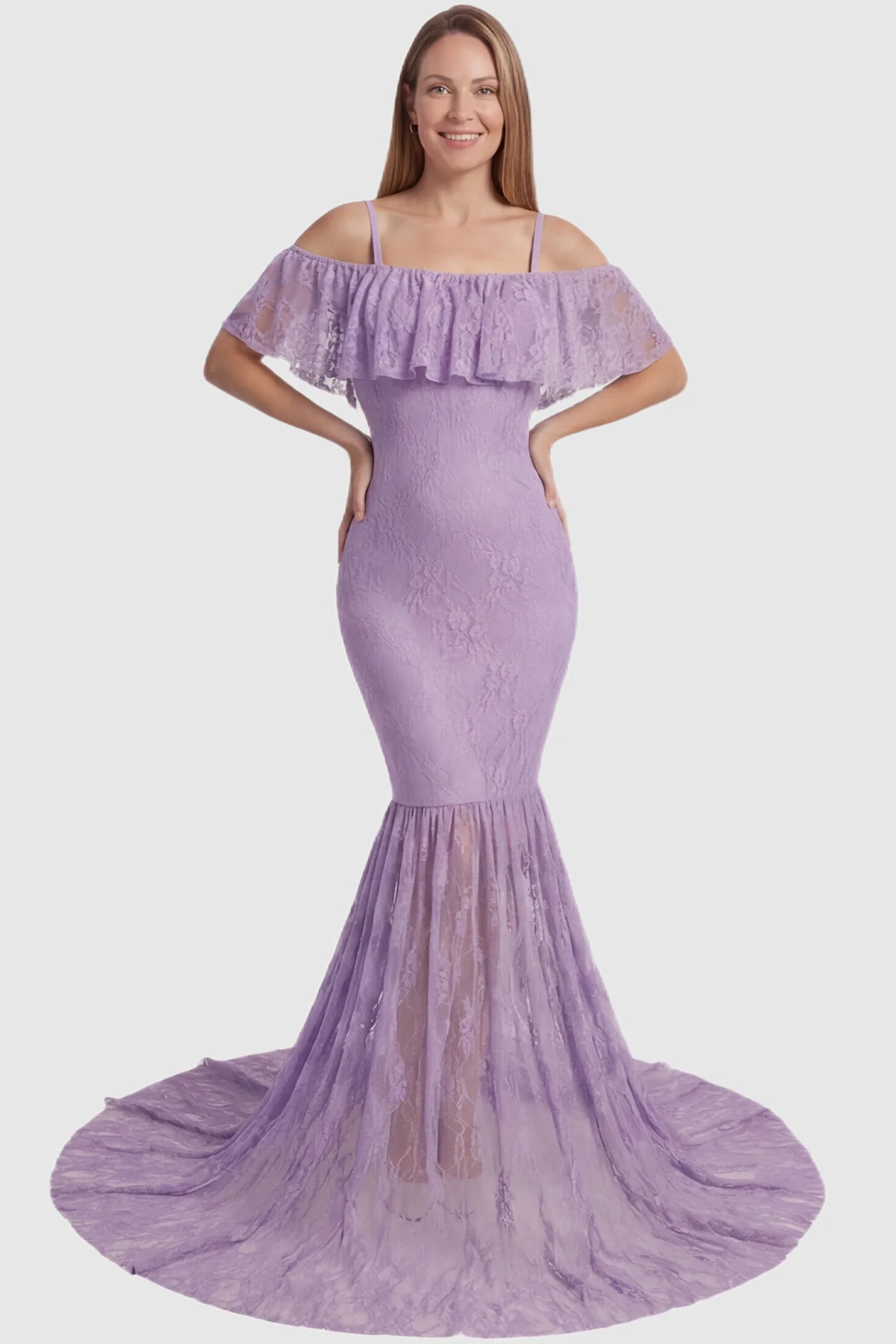 Lace Off-Shoulder Ruffle Short Sleeve Maternity Dress Lace off-shoulder maternity gown in purple featuring ruffle neckline, mermaid silhouette, and extended lace train on non pregnant model. 