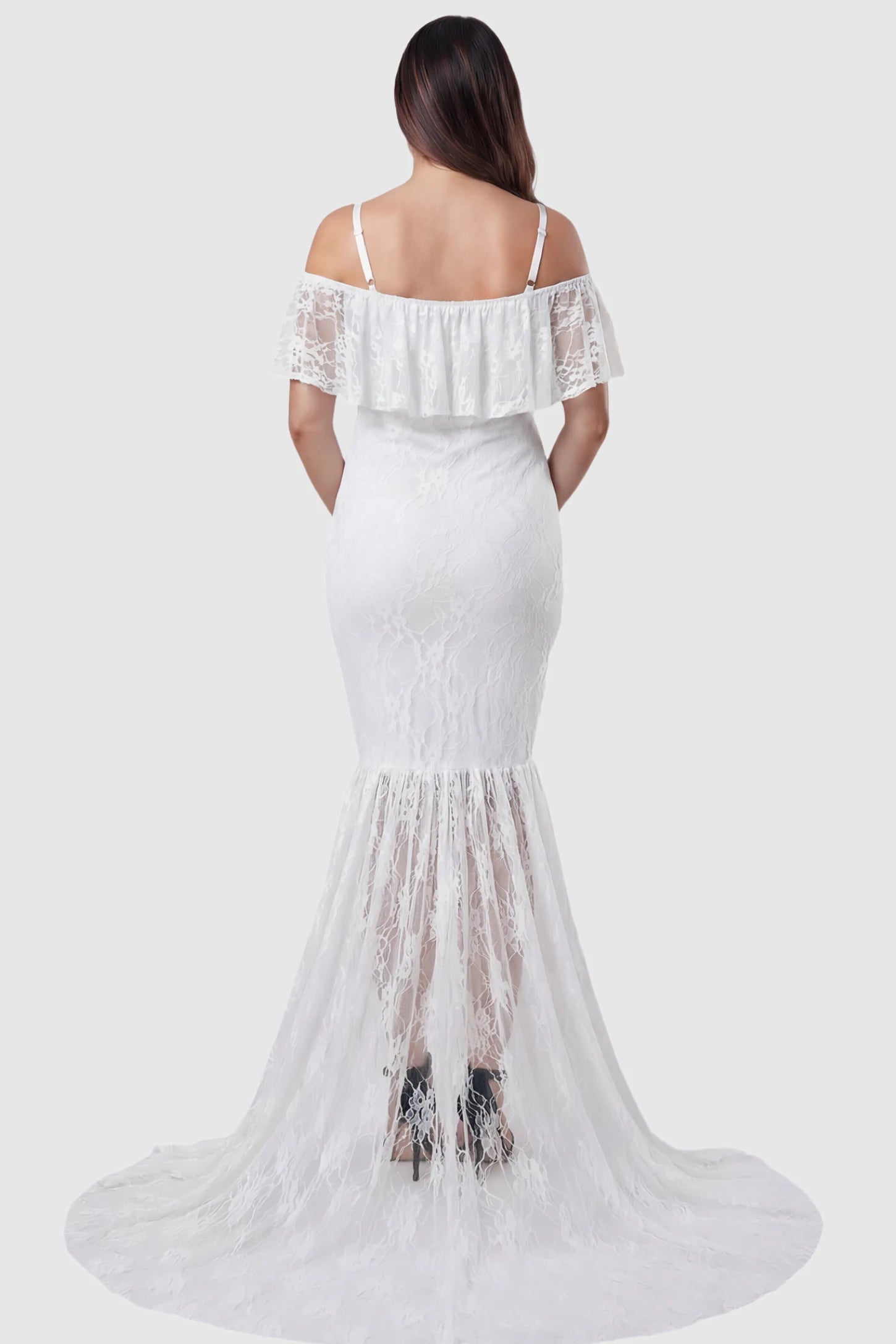 Lace Off-Shoulder Ruffle Short Sleeve Maternity Dress Lace off-shoulder maternity gown in white featuring ruffle neckline, mermaid silhouette, and extended lace train on pregnant model. back view