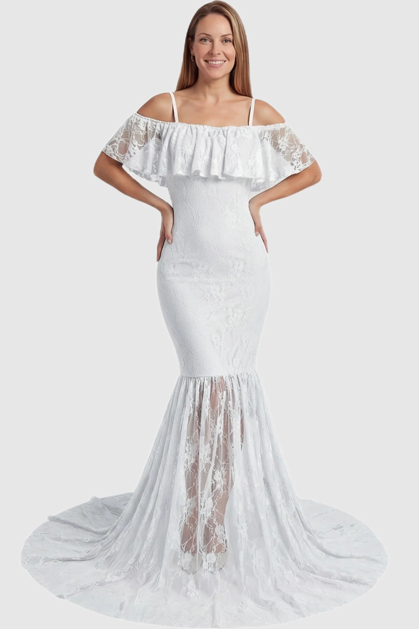 Lace Off-Shoulder Ruffle Short Sleeve Maternity Dress Lace off-shoulder maternity gown in white featuring ruffle neckline, mermaid silhouette, and extended lace train on non pregnant model.