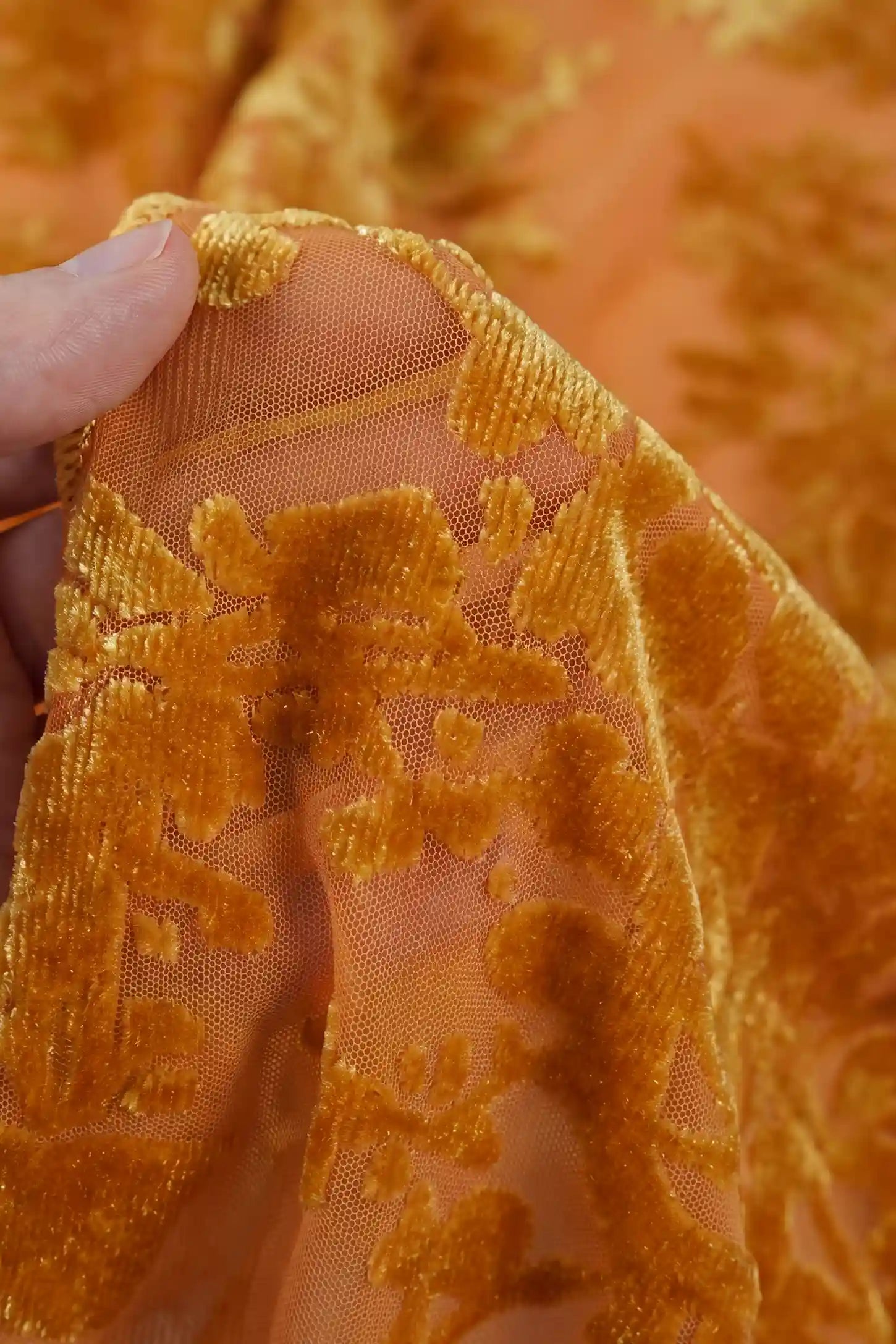 Lace-Trim Burnout Padded Maternity Nightgowns Lace-Trim Burnout Padded Maternity Nightgowns in Orange Yellow featuring a close-up detail view of the semi-sheer burnout floral fabric texture, lightweight soft touch, and rich gold-orange hues.