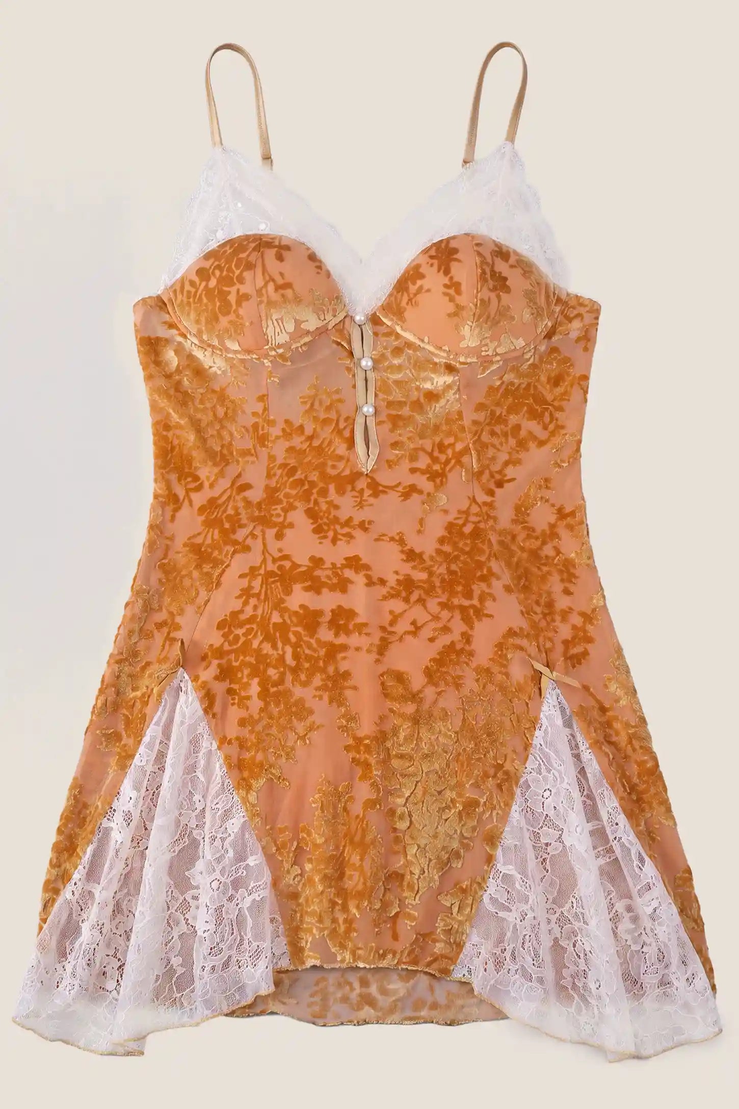 Lace-Trim Burnout Padded Maternity Nightgowns Lace-Trim Burnout Padded Maternity Nightgowns in Orange Yellow featuring built-in chest pads, intricate white lace trim neckline, contrast lace hem inserts, and high stretch burnout fabric displayed in a flat lay view.