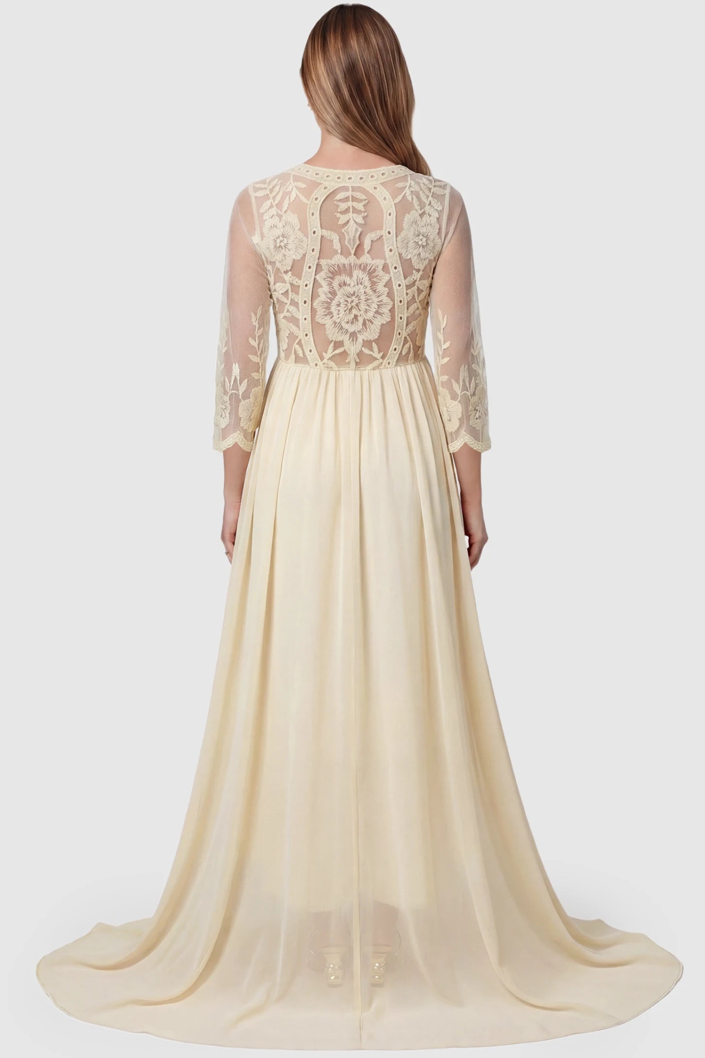 Lace Trim Long Sleeve Train Maternity Gown Lace trim long sleeve train maternity gown in apricot with flowing train silhouette & mesh sleeves, back view on pregnant model