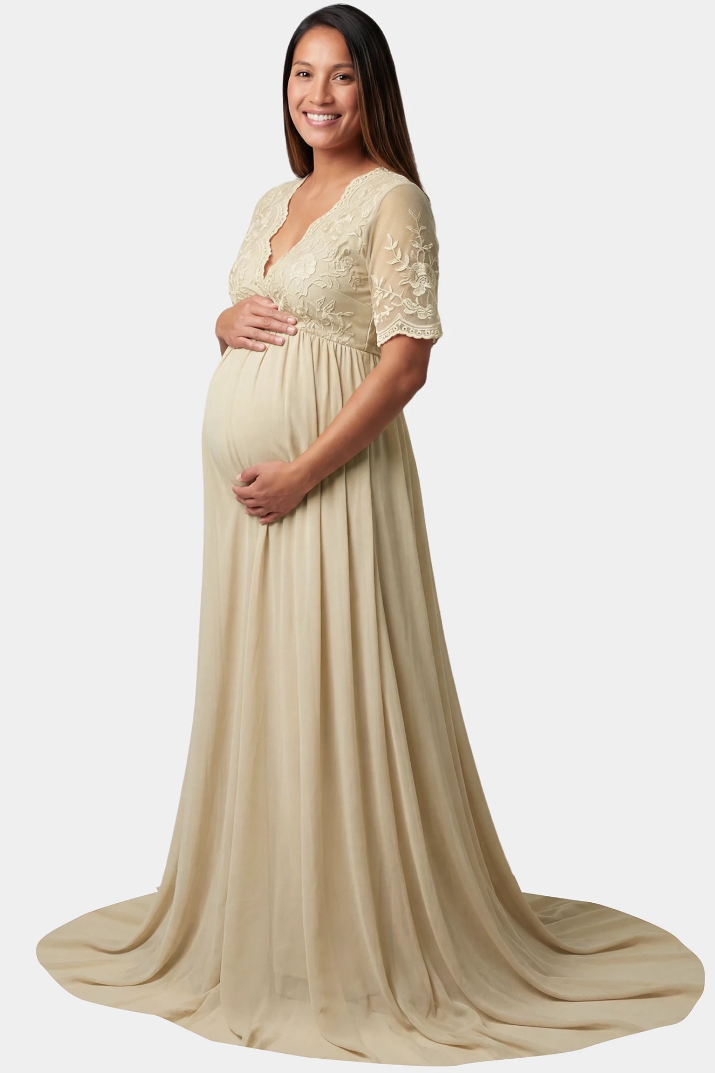 Lace Trim Long Sleeve Train Maxi Maternity Dress Lace trim half sleeve train maxi maternity dress in apricot featuring long flowing train in side view on a pregnant model