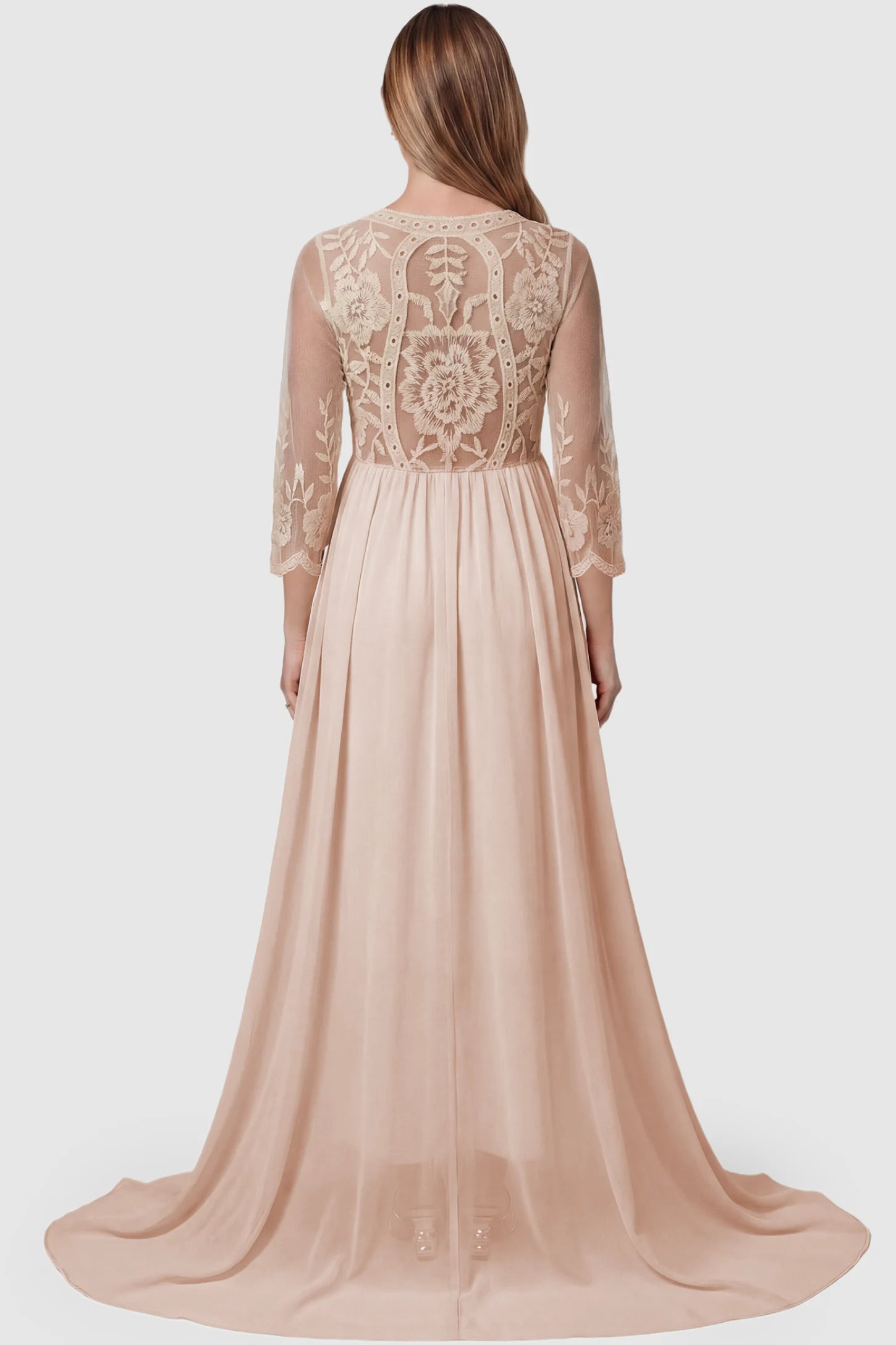 Lace Trim Long Sleeve Train Maternity Gown Lace trim long sleeve train maternity gown in pink with flowing train silhouette & mesh sleeves, back view on pregnant model