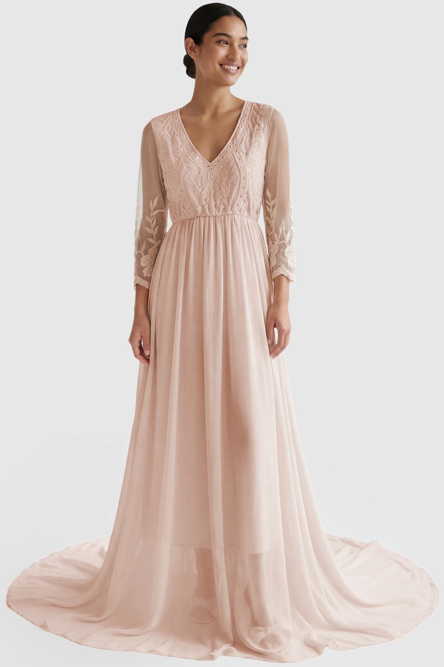 Lace Trim Long Sleeve Train Maternity Gown Lace trim long sleeve train maternity gown in pink with flowing train silhouette & mesh sleeves, front view on postpartum model