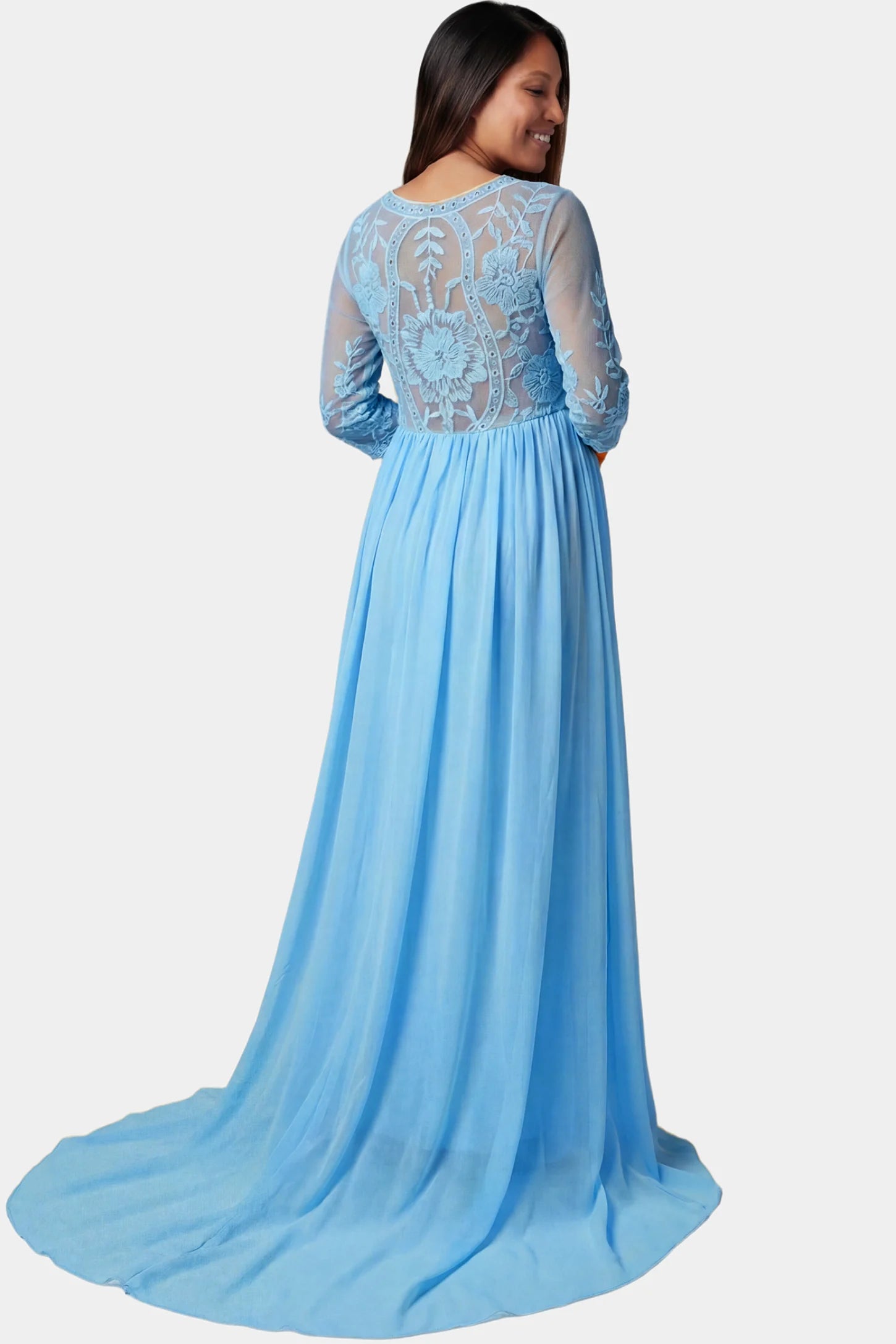 Lace Trim Long Sleeve Train Maxi Maternity Dress Lace trim half sleeve train maxi maternity dress in sky blue featuring dramatic maternity train in back view on a pregnant model