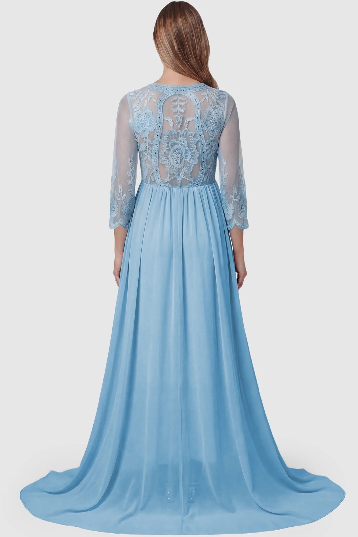 Lace Trim Long Sleeve Train Maternity Gown Lace trim long sleeve train maternity gown in sky blue with flowing train silhouette & mesh sleeves, back view on pregnant model