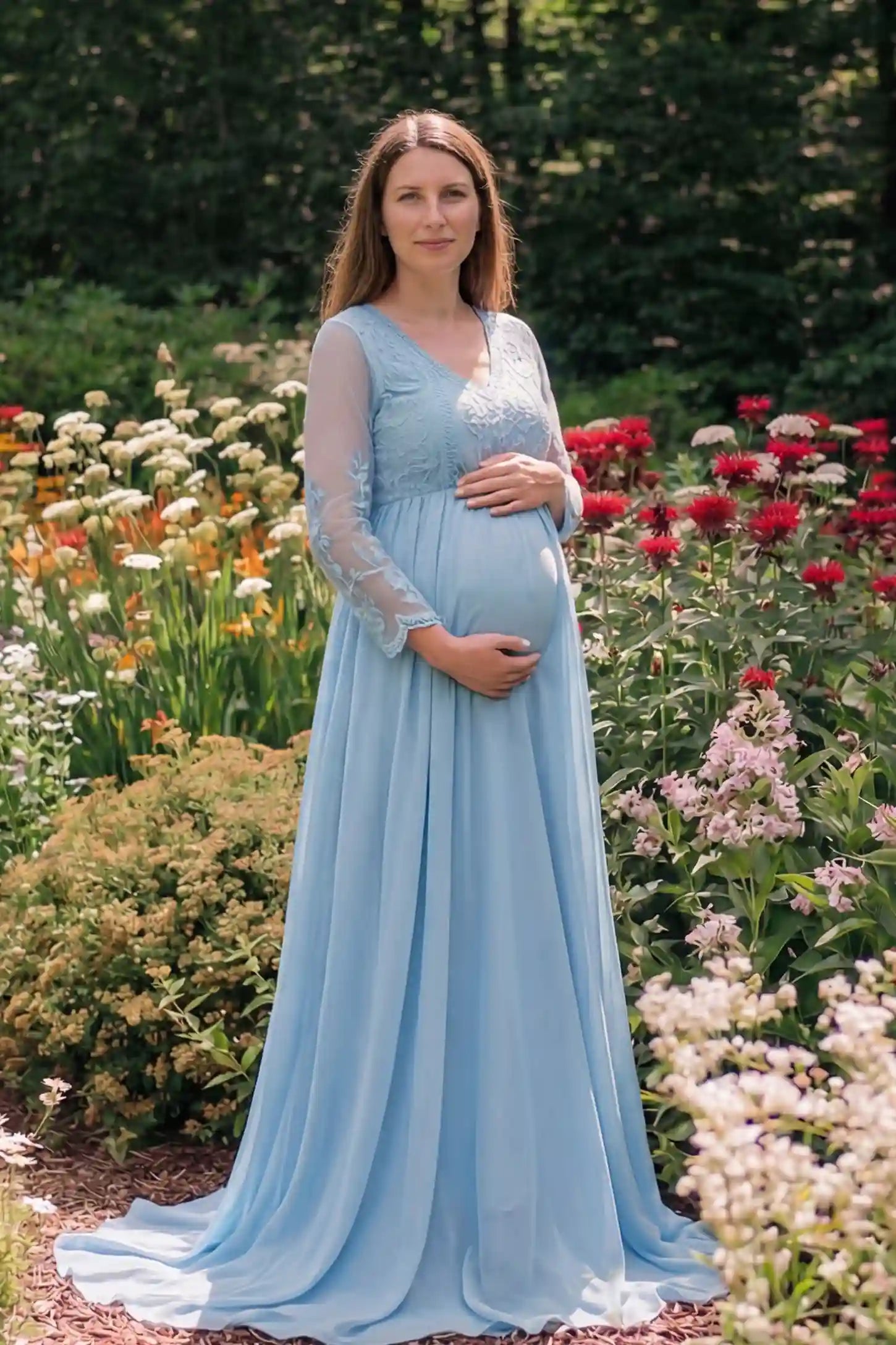 Lace Trim Long Sleeve Train Maternity Gown Lace trim long sleeve train maternity gown in sky blue with flowing train silhouette & mesh sleeves, front view on pregnant model