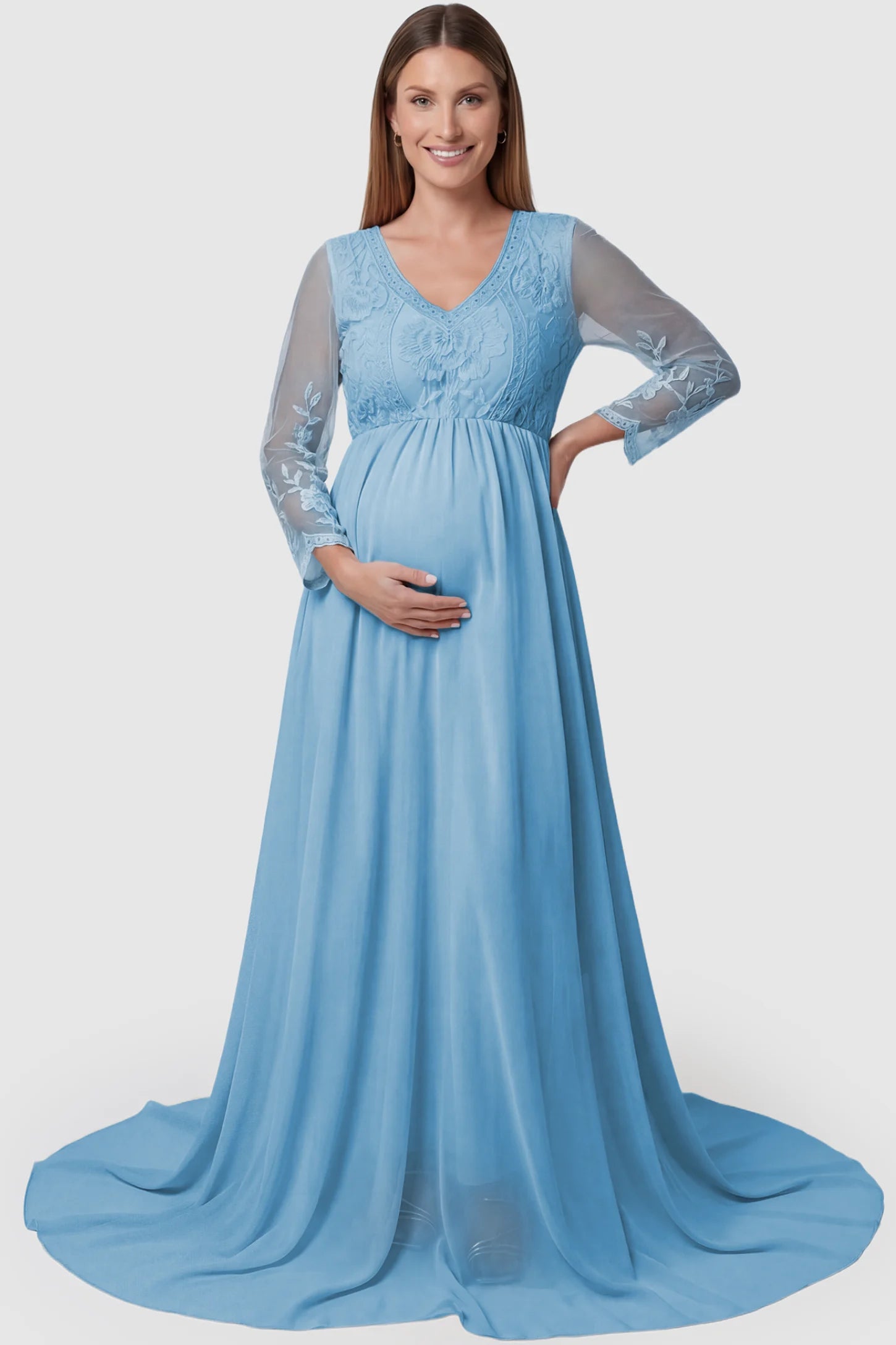 Lace Trim Long Sleeve Train Maternity Gown Lace trim long sleeve train maternity gown in sky blue with flowing train silhouette & mesh sleeves, front view on pregnant model