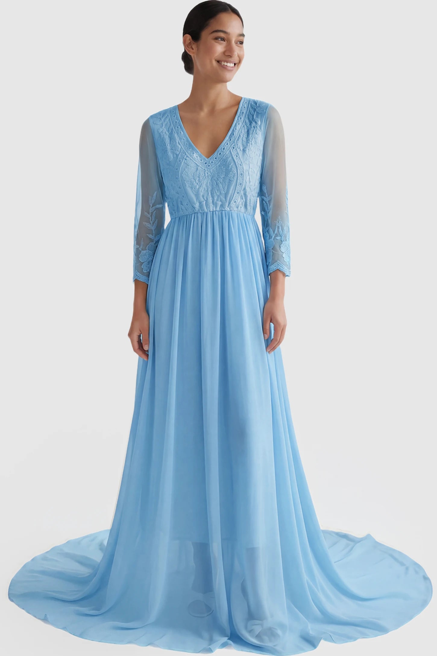 Lace Trim Long Sleeve Train Maternity Gown Lace trim long sleeve train maternity gown in sky blue with flowing train silhouette & mesh sleeves, front view on postpartum model