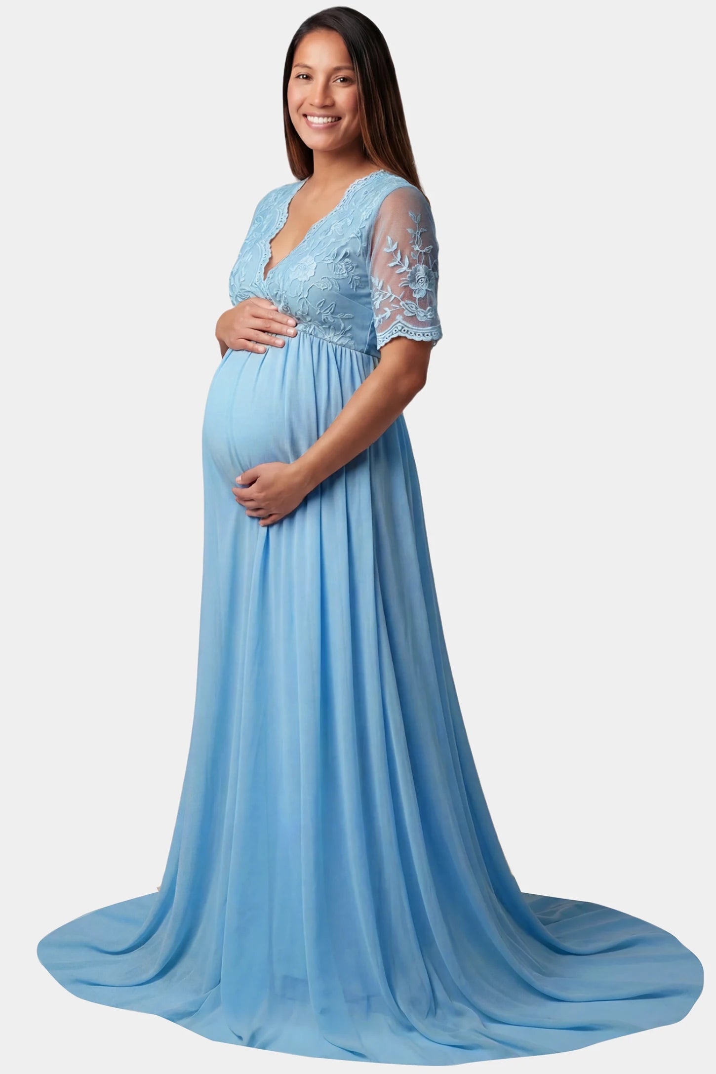 Lace Trim Long Sleeve Train Maxi Maternity Dress Lace trim half sleeve train maxi maternity dress in sky blue featuring long flowing train in side view on a pregnant model