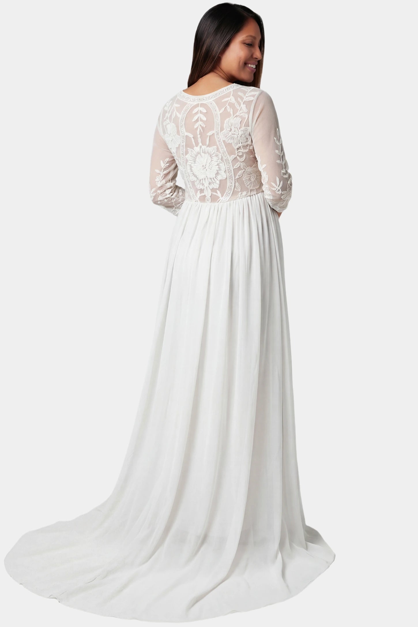 Lace Trim Long Sleeve Train Maxi Maternity Dress Lace trim half sleeve train maxi maternity dress in white featuring dramatic maternity train in back view on a pregnant model