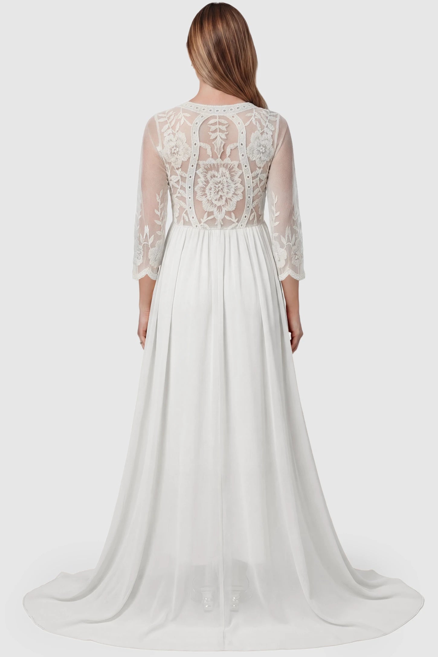Lace Trim Long Sleeve Train Maternity Gown Lace trim long sleeve train maternity gown in white with flowing train silhouette & mesh sleeves, back view on pregnant model