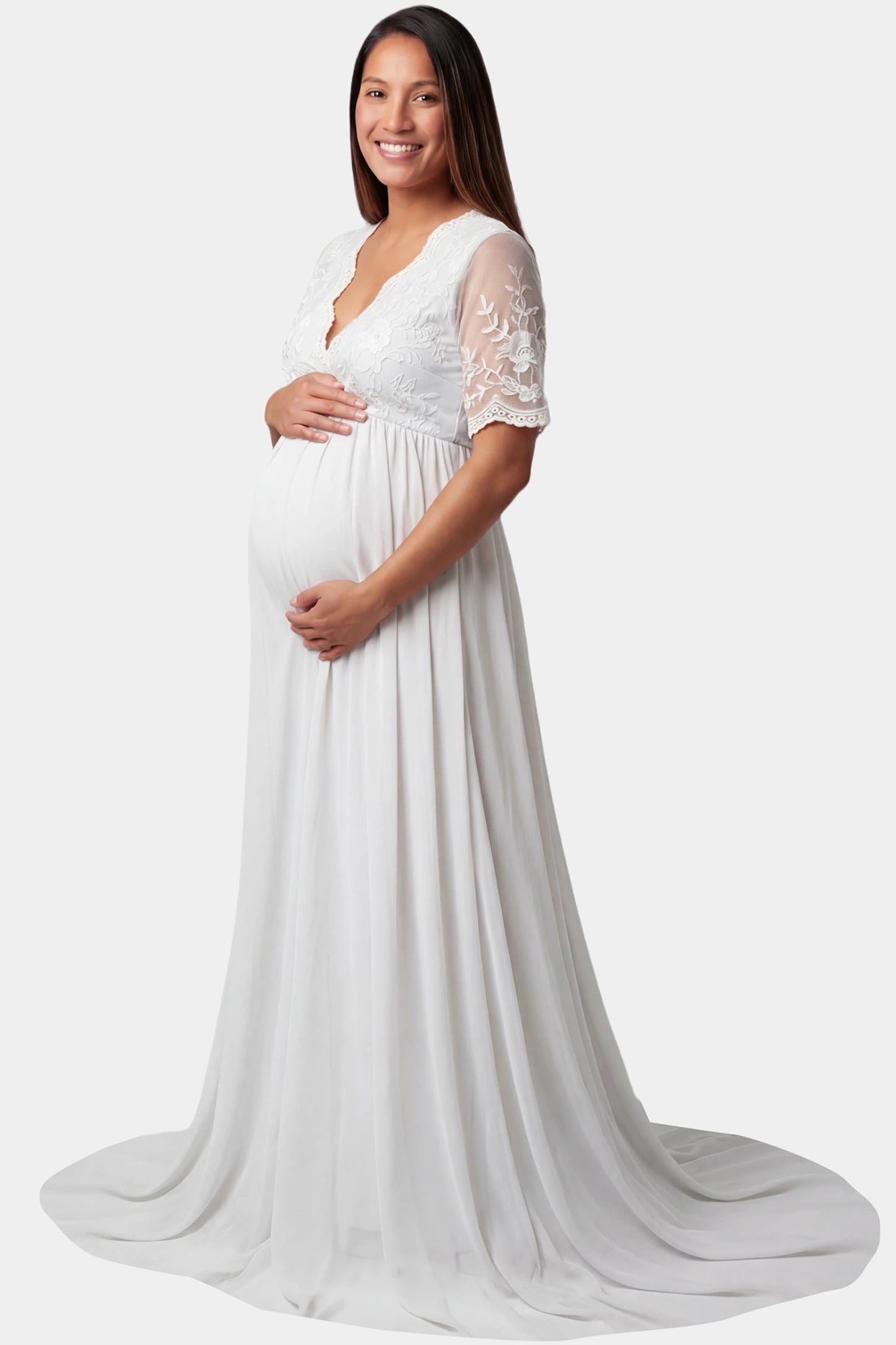 Lace Trim Long Sleeve Train Maxi Maternity Dress Lace trim half sleeve train maxi maternity dress in white featuring long flowing train in side view on a pregnant model
