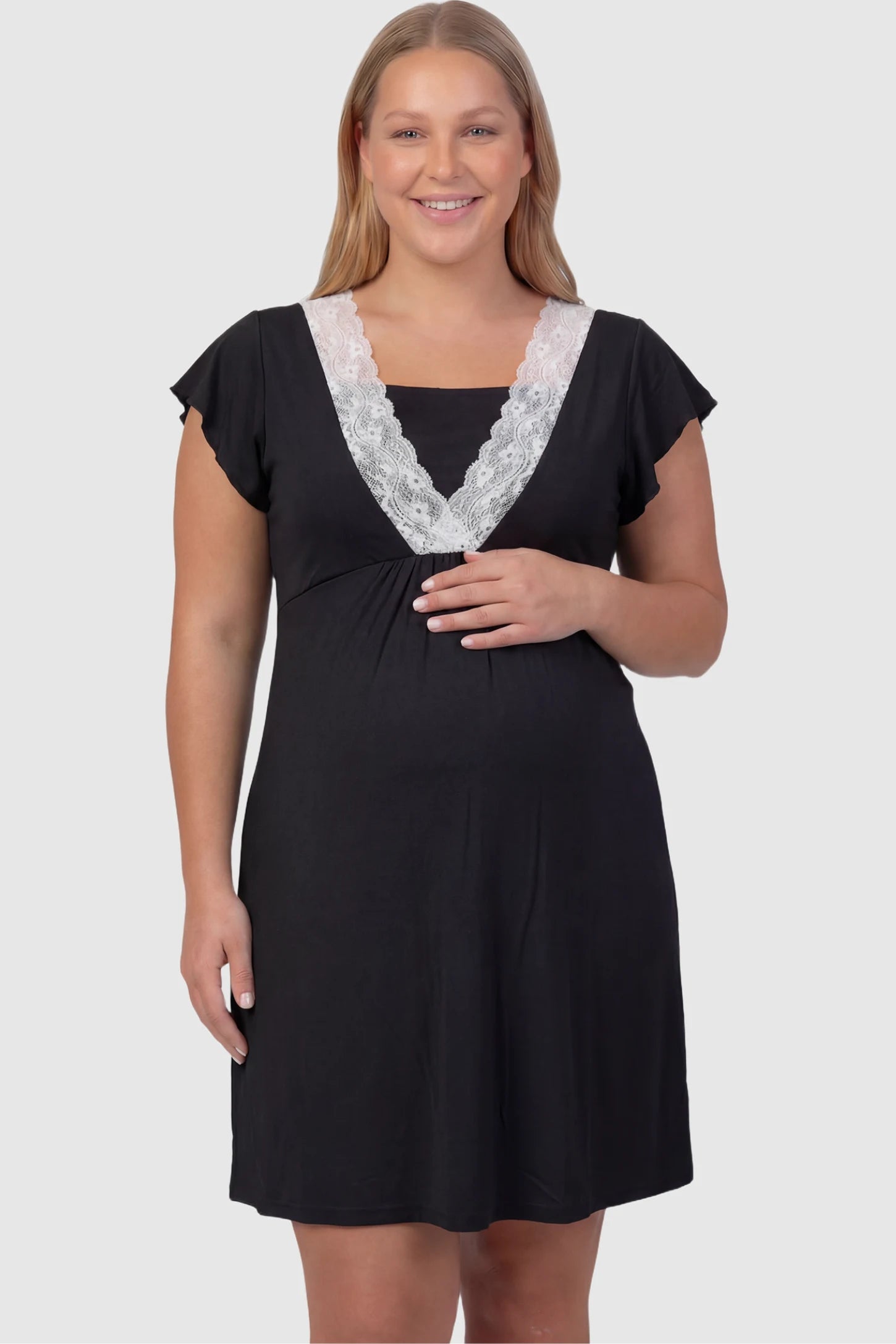 Lace Trim V-Neck Maternity & Nursing Sleep Dress Lace trim V-neck maternity nursing sleep dress in black with empire waist and relaxed A-line fit on plus size pregnant model front view.