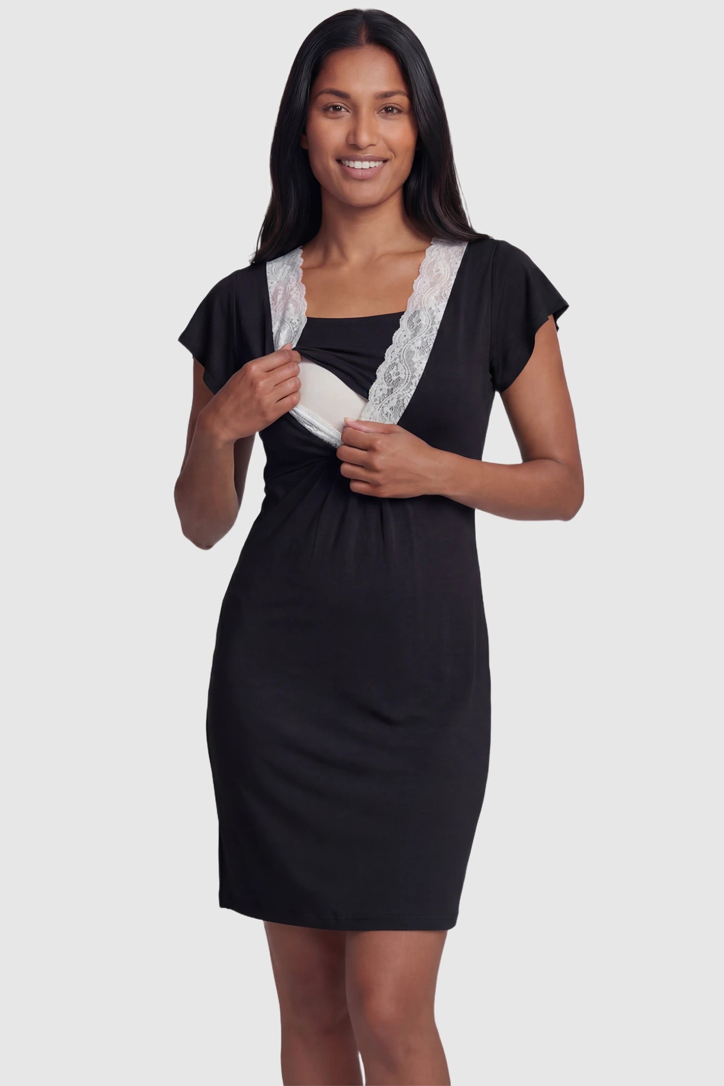 Lace Trim V-Neck Maternity & Nursing Sleep Dress Lace trim V-neck maternity nursing sleep dress in black with empire waist and relaxed A-line fit on non pregnant model front view.