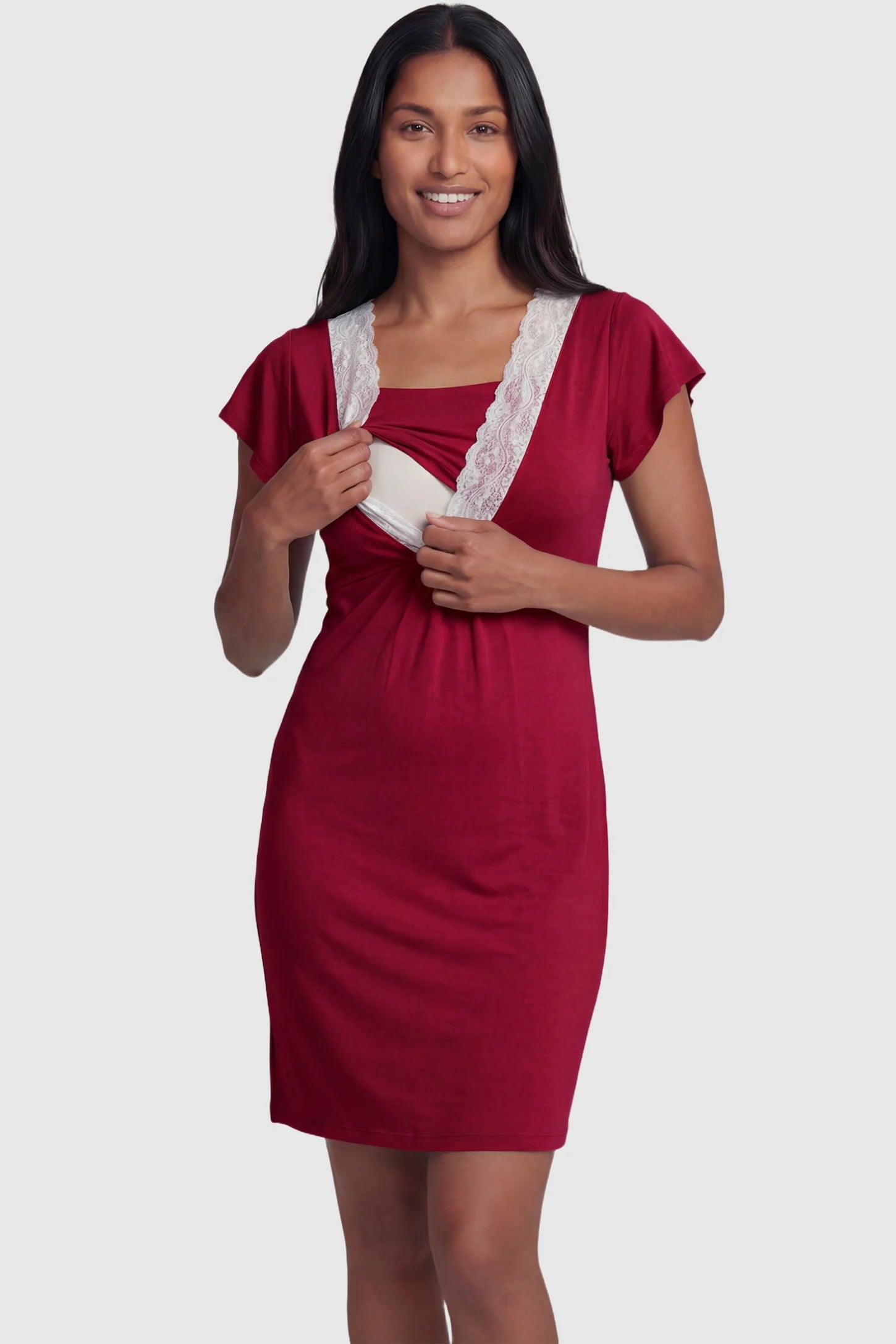 Lace Trim V-Neck Maternity & Nursing Sleep Dress Lace trim V-neck maternity nursing sleep dress in burgundy with empire waist and relaxed A-line fit on non pregnant model front view.