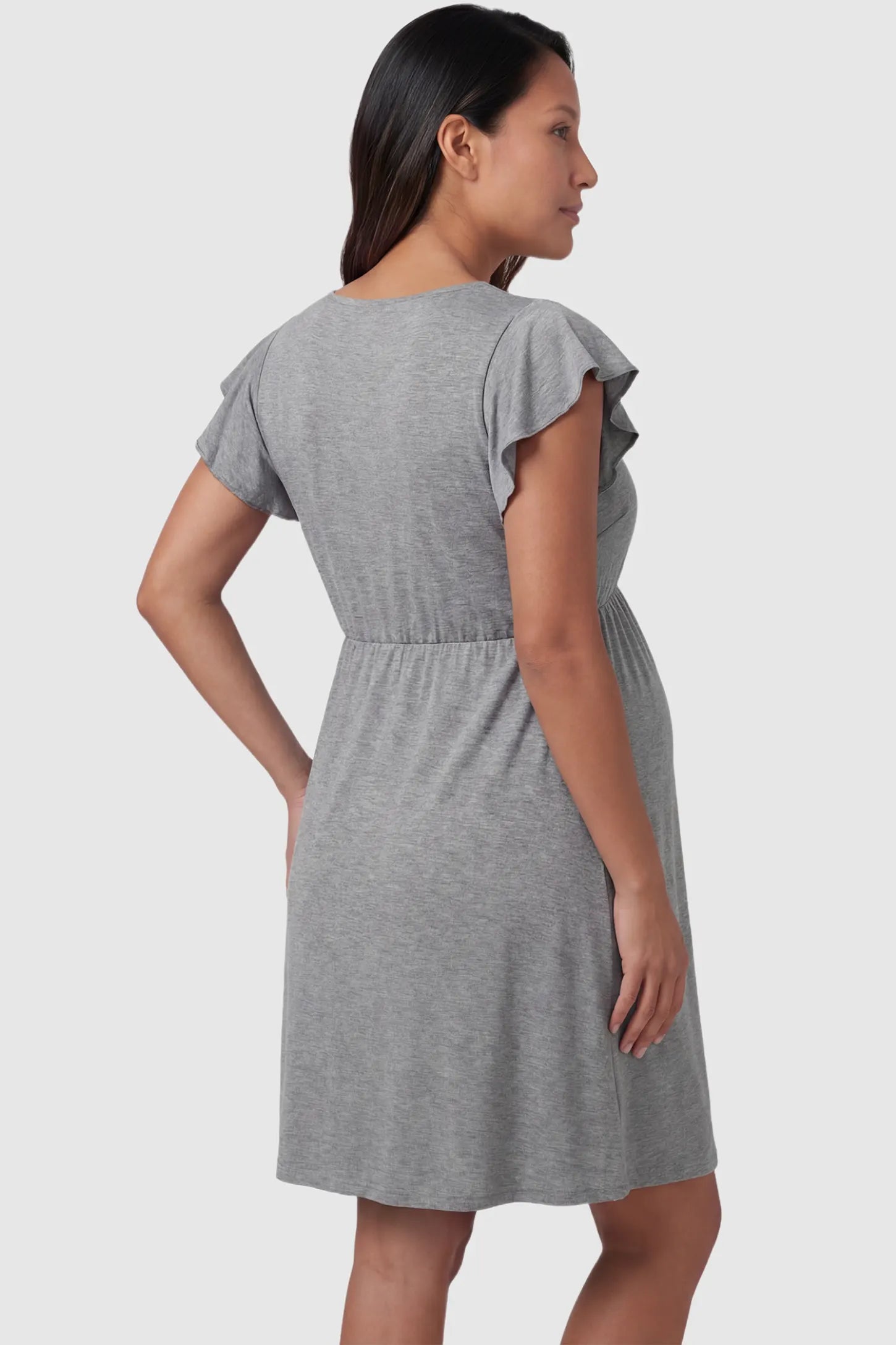 Lace Trim V-Neck Maternity & Nursing Sleep Dress Lace trim V-neck maternity nursing sleep dress in dark gray with empire waist and relaxed A-line fit on pregnant model back view.