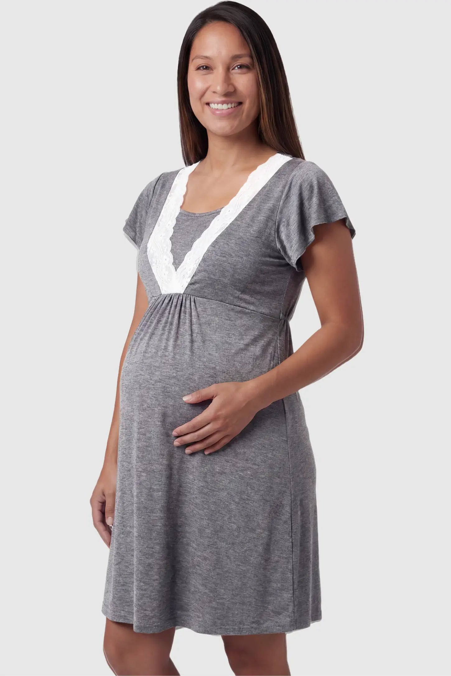 Lace Trim V-Neck Maternity & Nursing Sleep Dress Lace trim V-neck maternity nursing sleep dress in dark gray with empire waist and relaxed A-line fit on pregnant model front view.