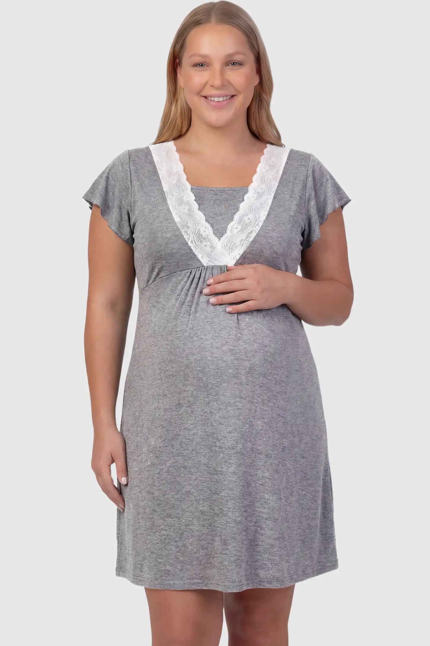 Lace Trim V-Neck Maternity & Nursing Sleep Dress Lace trim V-neck maternity nursing sleep dress in dark gray with empire waist and relaxed A-line fit on plus size pregnant model front view.