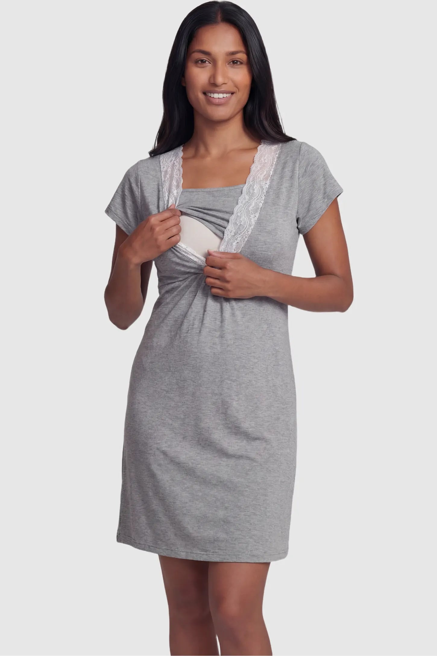 Lace Trim V-Neck Maternity & Nursing Sleep Dress Lace trim V-neck maternity nursing sleep dress in dark gray with empire waist and relaxed A-line fit on non pregnant model front view.