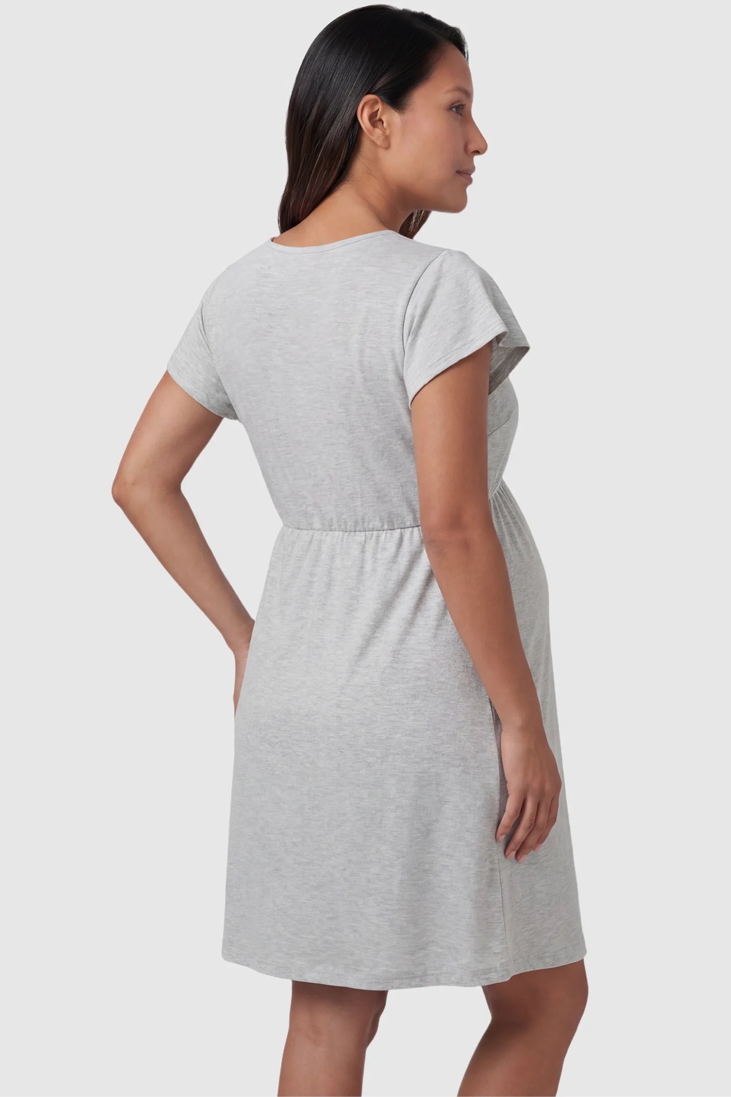 Lace Trim V-Neck Maternity & Nursing Sleep Dress Lace trim V-neck maternity nursing sleep dress in light gray with empire waist and relaxed A-line fit on pregnant model back view.