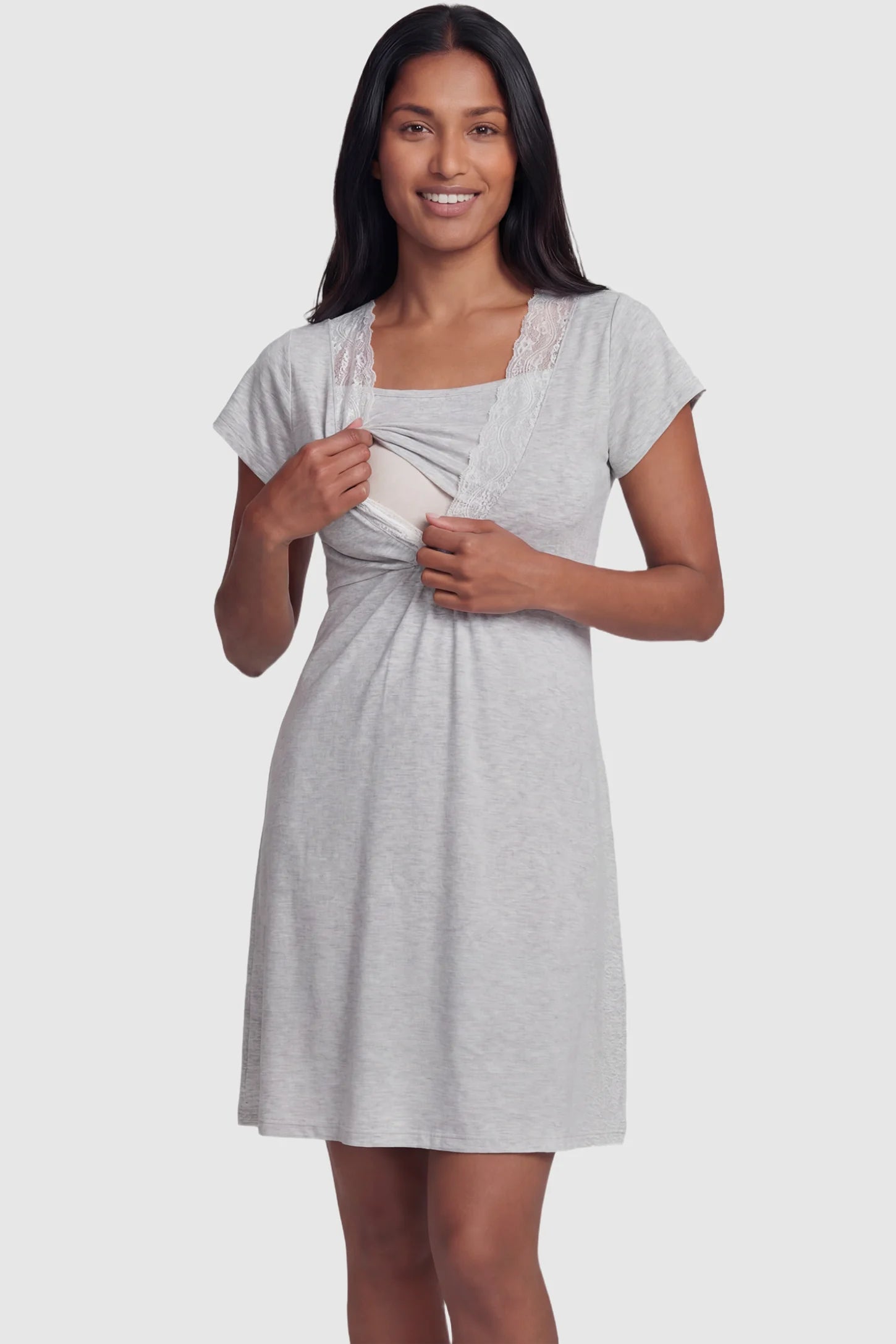 Lace Trim V-Neck Maternity & Nursing Sleep Dress Lace trim V-neck maternity nursing sleep dress in light gray with empire waist and relaxed A-line fit on non pregnant model front view.