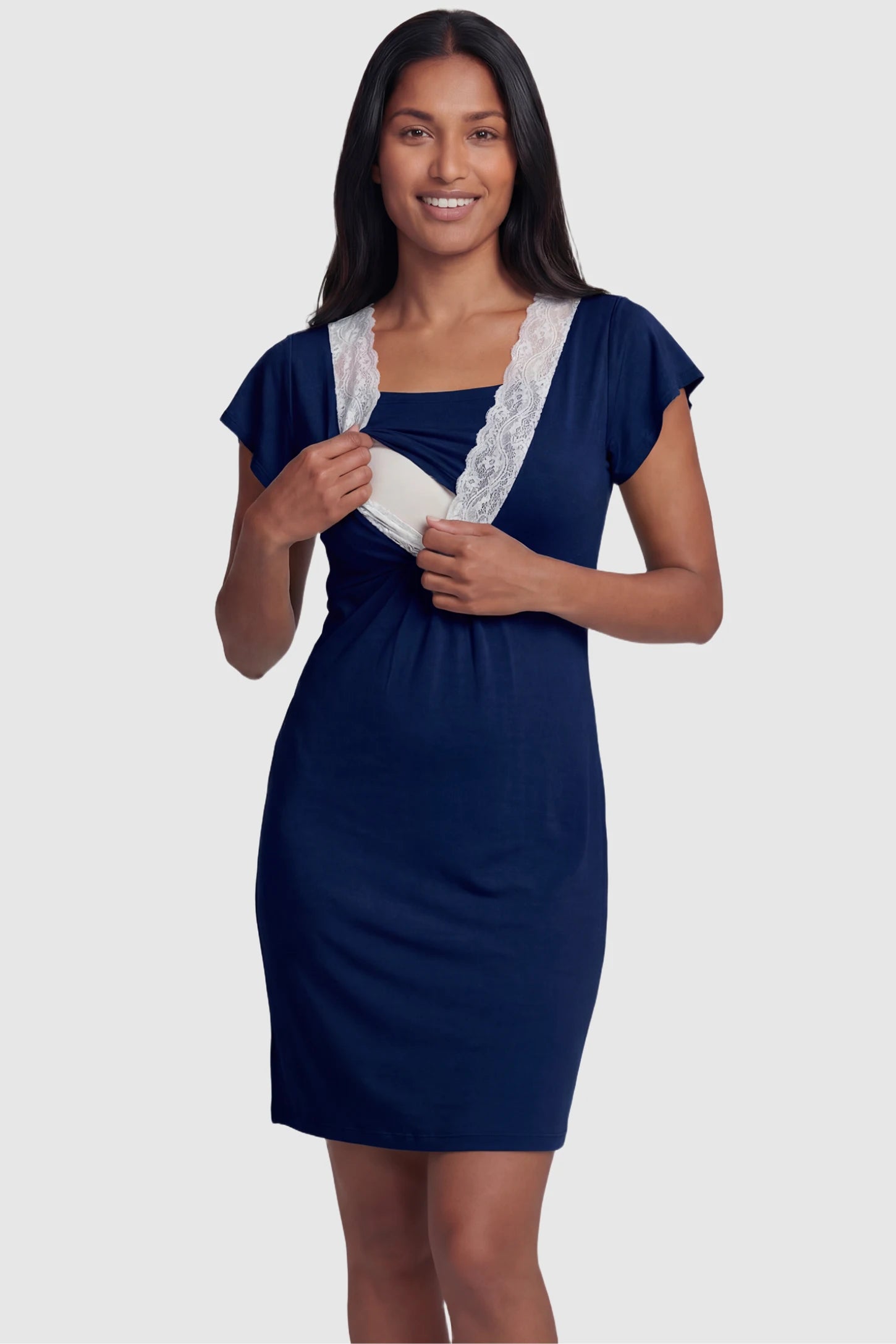 Lace Trim V-Neck Maternity & Nursing Sleep Dress Lace trim V-neck maternity nursing sleep dress in navy blue with empire waist and relaxed A-line fit on non pregnant model front view.