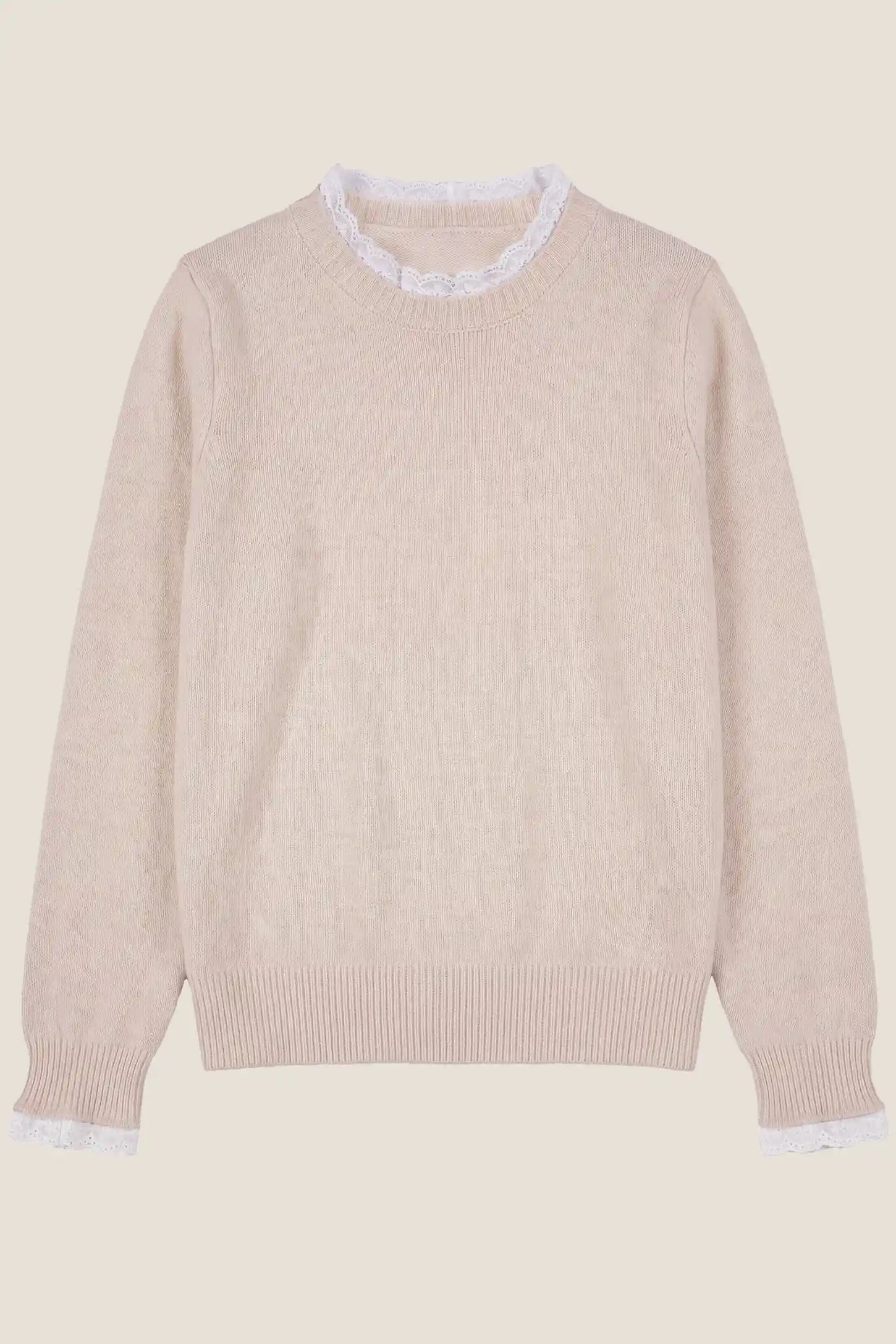 Lace-Trimmed Crewneck Maternity Knit Top Lace-Trimmed Crewneck Maternity Knit Top in Beige featuring delicate lace trim at the neckline and cuffs, long sleeves, and a sweet, polished look, flat lay view.