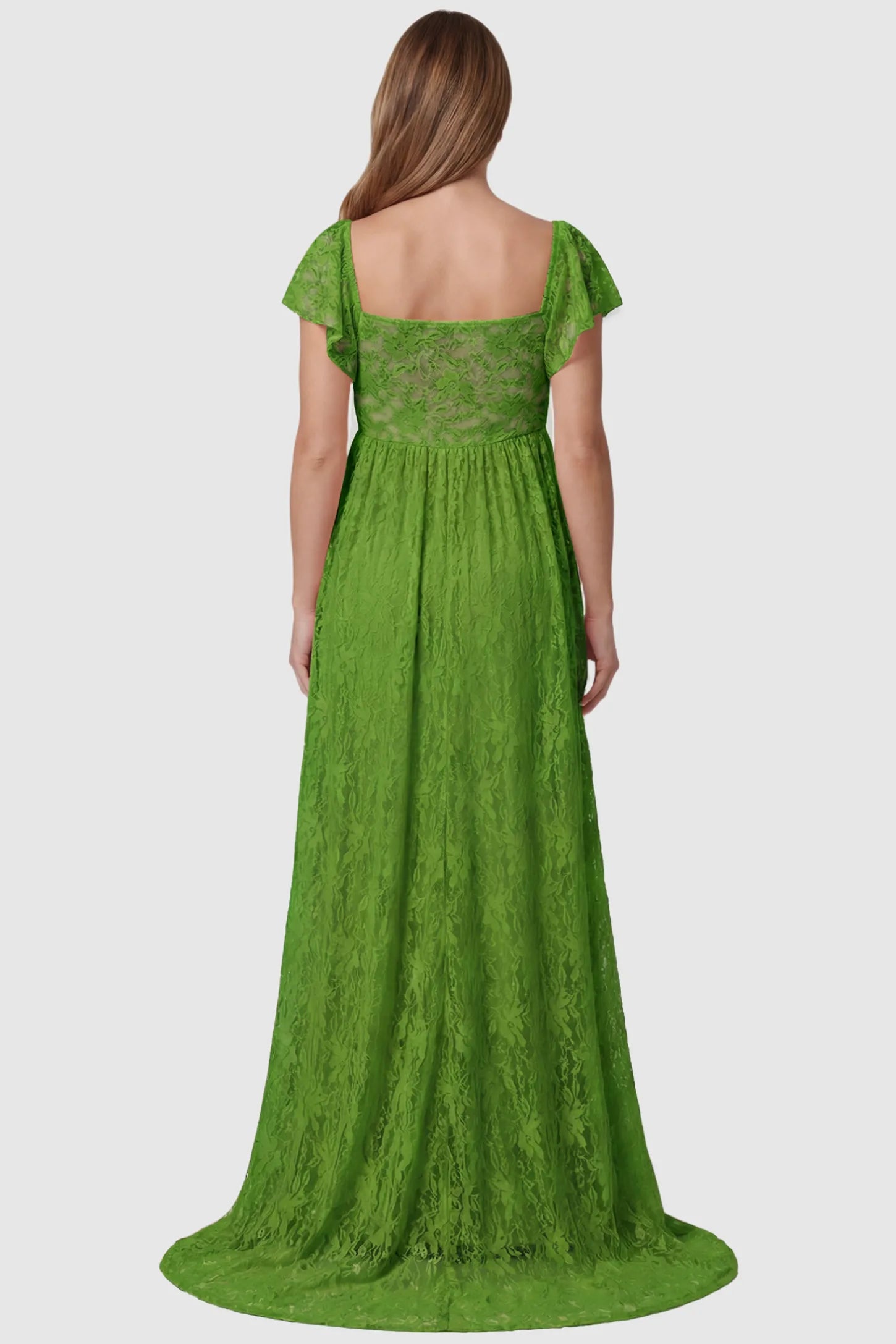 Lace Off Shoulder Maternity Maxi Dress Lace Off Shoulder Maternity Maxi Dress in apple green featuring full-length skirt, shown on a pregnant model, back view.