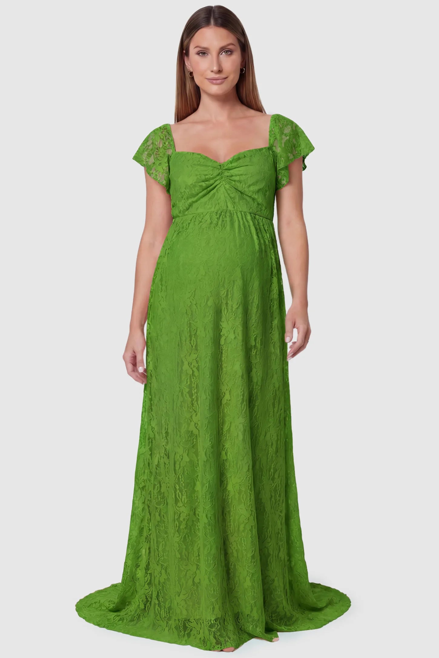 Lace Off Shoulder Maternity Maxi Dress Lace Off Shoulder Maternity Maxi Dress in apple green featuring a sweetheart neckline with a ruched bust and a full-length skirt, shown on a pregnant model, front view.